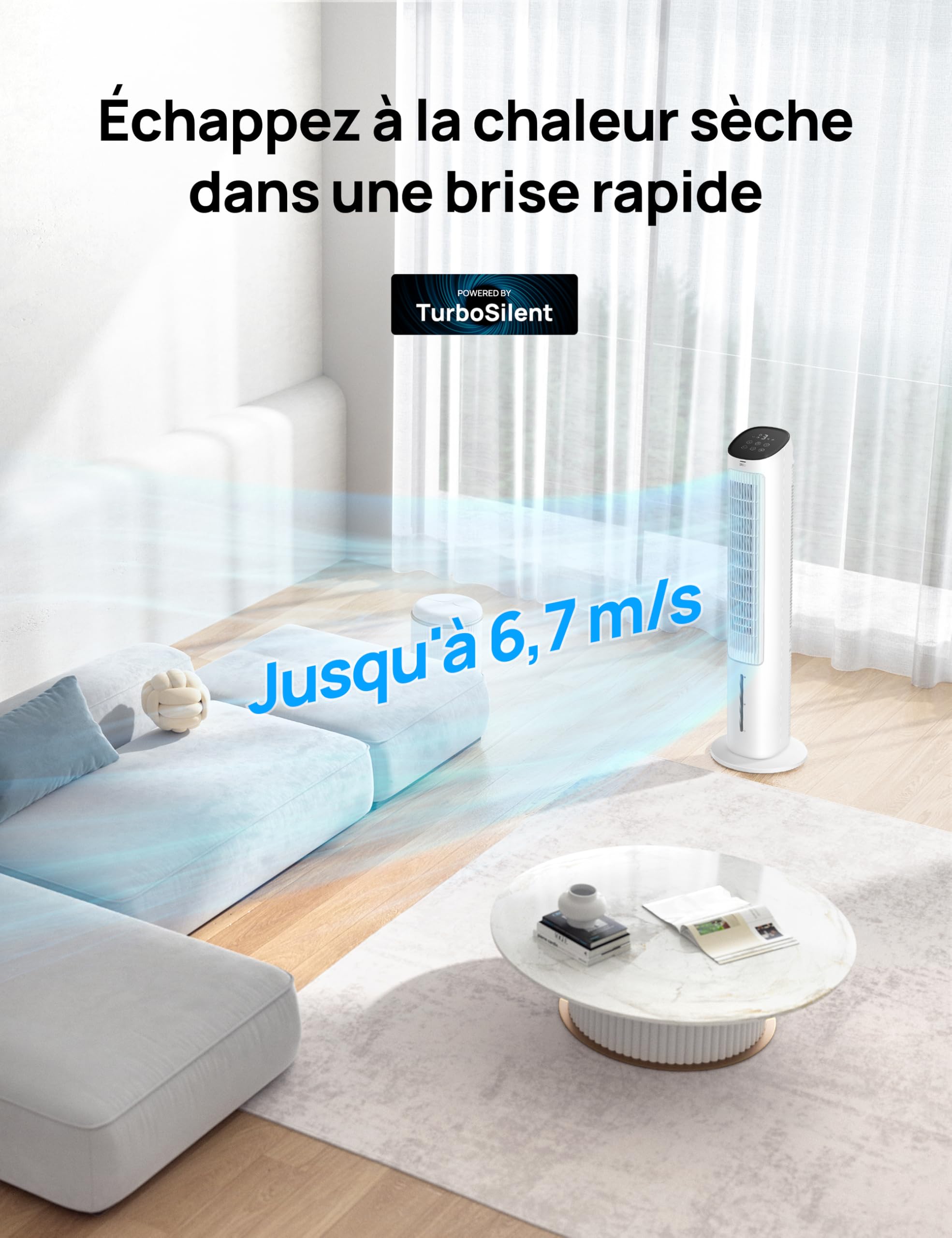 DREO Ventilateur Tour avec Refroidissement, Ventilateur Silencieux avec Refroidissement par Eau, Rafraîchisseur d’Air Évaporatif 40 Pouces, Oscillation à 80°, 3 Modes, 4 Vitesses, Télécommande, Blanc