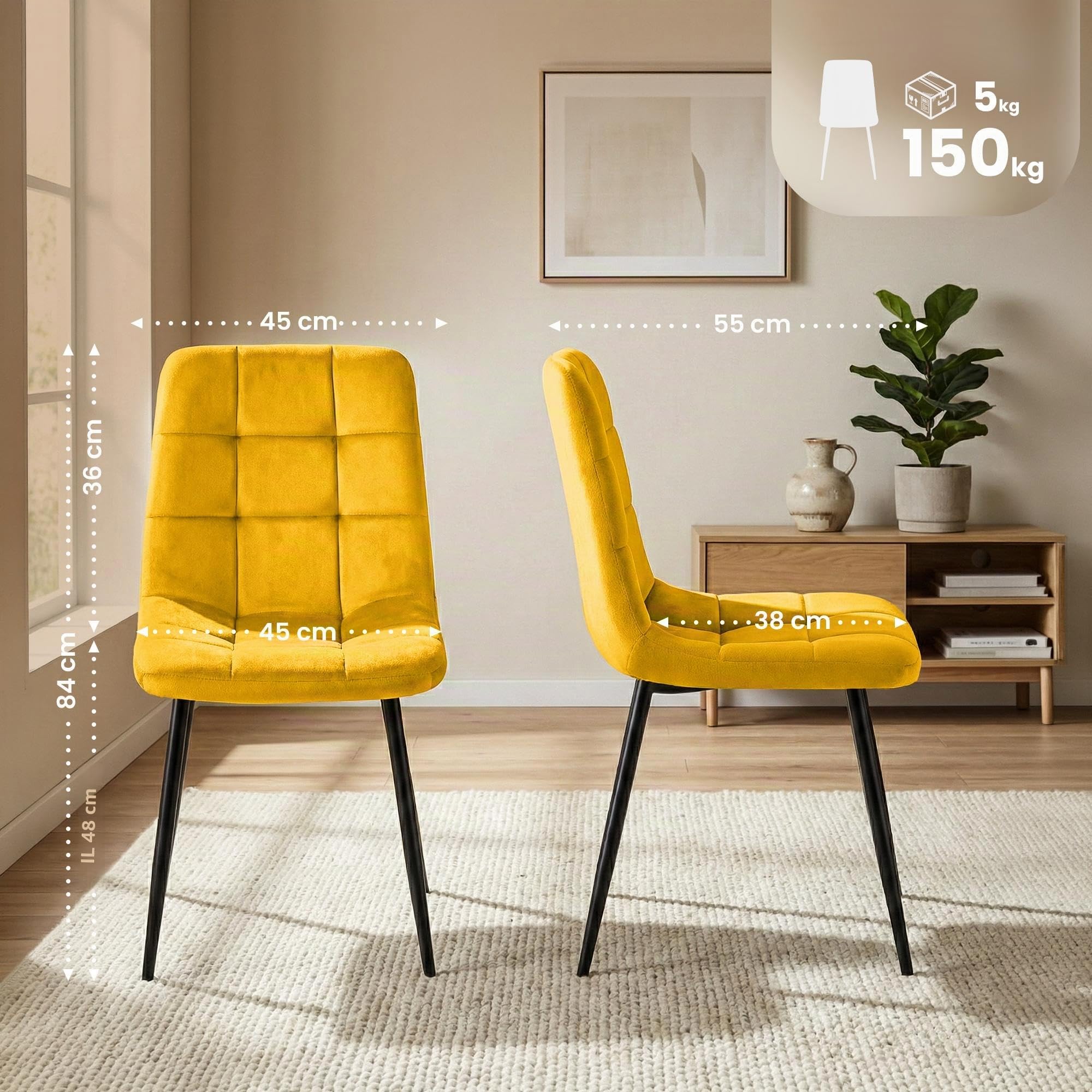 CLP Sedie da pranzo Antibes set da 4 imbottite, sedie cucina in velluto con schienale e struttura in metallo nero, portata fino a 150 kg Colore:giallo