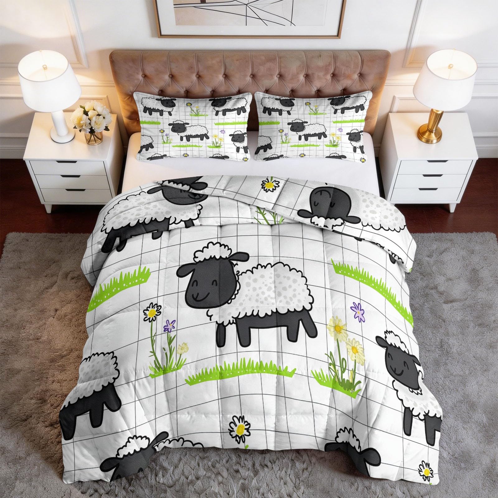 Edredón de 220 x 240 cm ligero dibujos animados a cuadros edredón blanco botánico floral para cama infantil