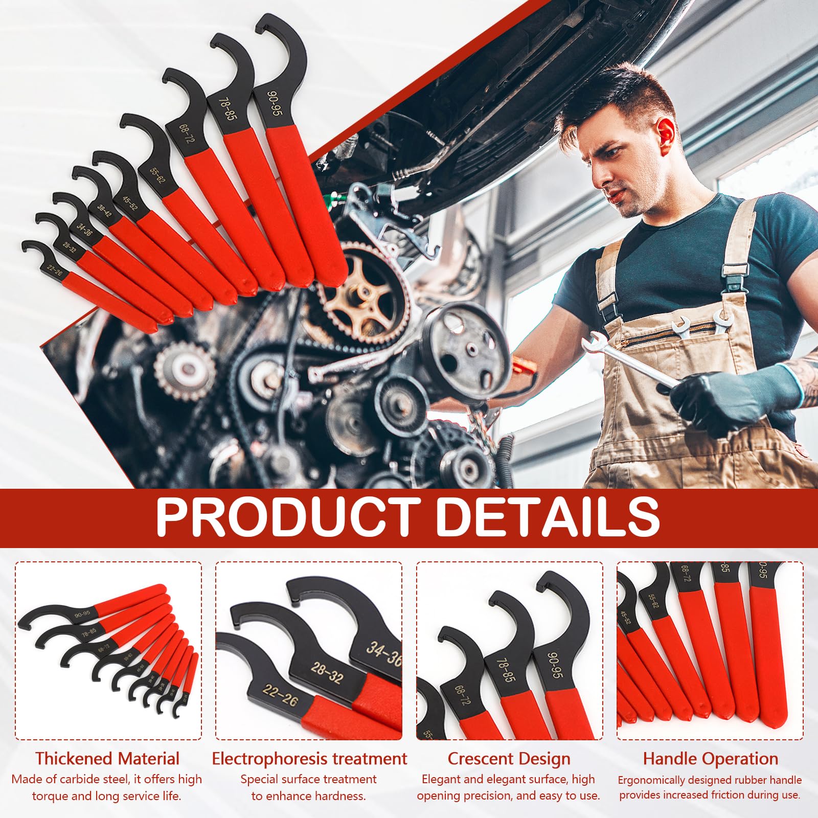 Llave Inglesa, Llave de Gancho de 9 Piezas con Mango de Goma Antideslizante Juego de Llaves Ajustables Llave de Coilover de Acero con Alto Contenido de Carbono Herramienta para Amortiguadores