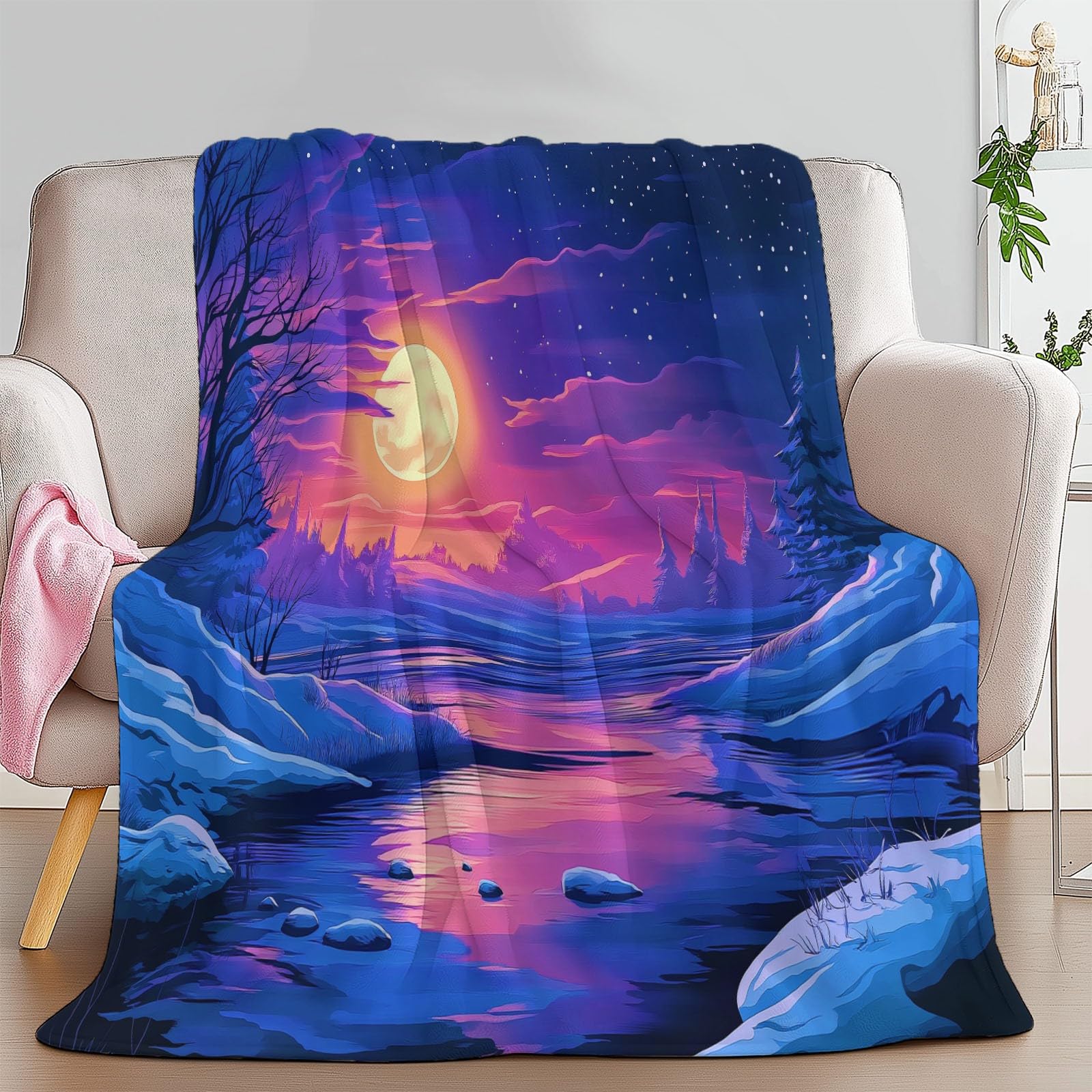 Manta de franela para paisajes de invierno, 220 x 240 cm, manta de forro polar de microfibra polar para todas las estaciones para viajes, sofá para viajar, cama, sofá para niños, adultos, azul zafiro