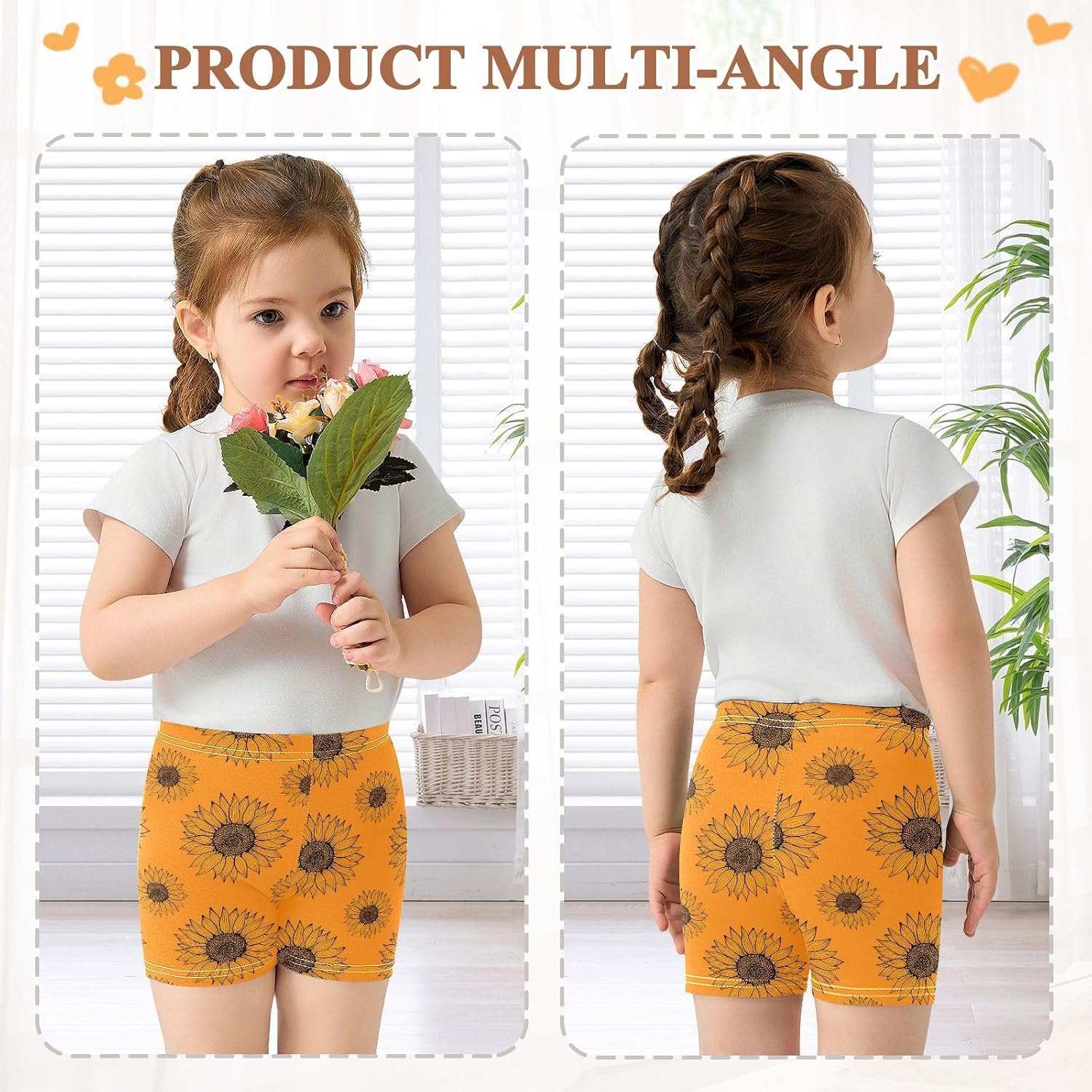 Orange Sunflower Floral Girls Bike Shorts Toddler Soft Cotton Under Dress Cartwheel Shorts
