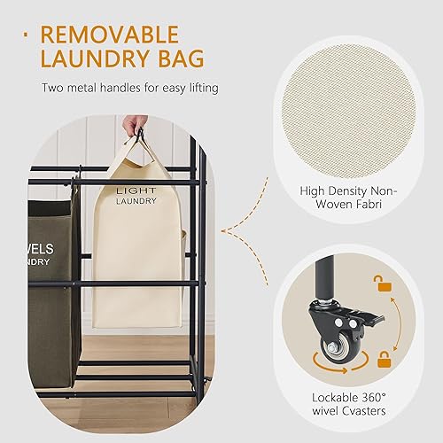 Miniatura 10 de Carrito clasificador de lavandería con estante para colgar, cesta de lavandería de 3 secciones, carrito de mayordomo con estante de 2 niveles,