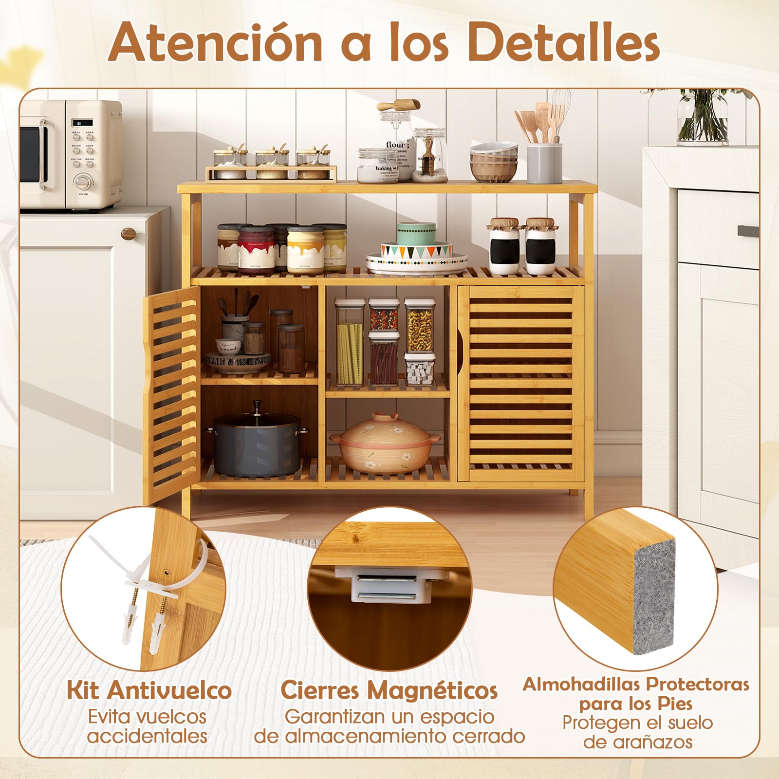COSTWAY Armario y Aparador de Bambú, Aparador para Comedor con 2 Puertas y Estantes, Mueble Auxiliar de Almacenamiento para Salón Baño Cocina y Comedor, 100 x 35 x 80 cm, Natural