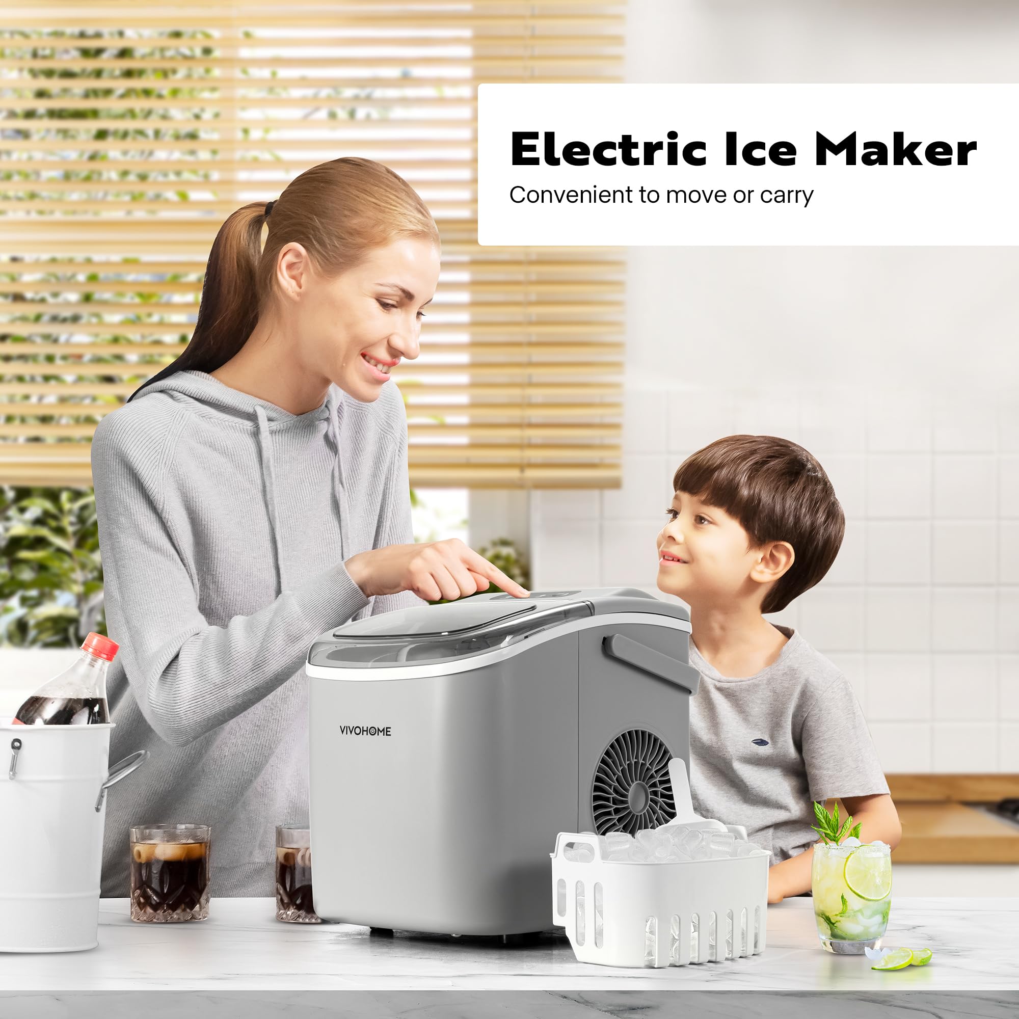 VIVOHOME Electric Portable Compact Countertop Automatic Ice Cube Maker Machine with Handle Hand Scoop 10 Ice Bags and Self Cleaning Function 26lbs/Day Silver on Fridge.com
