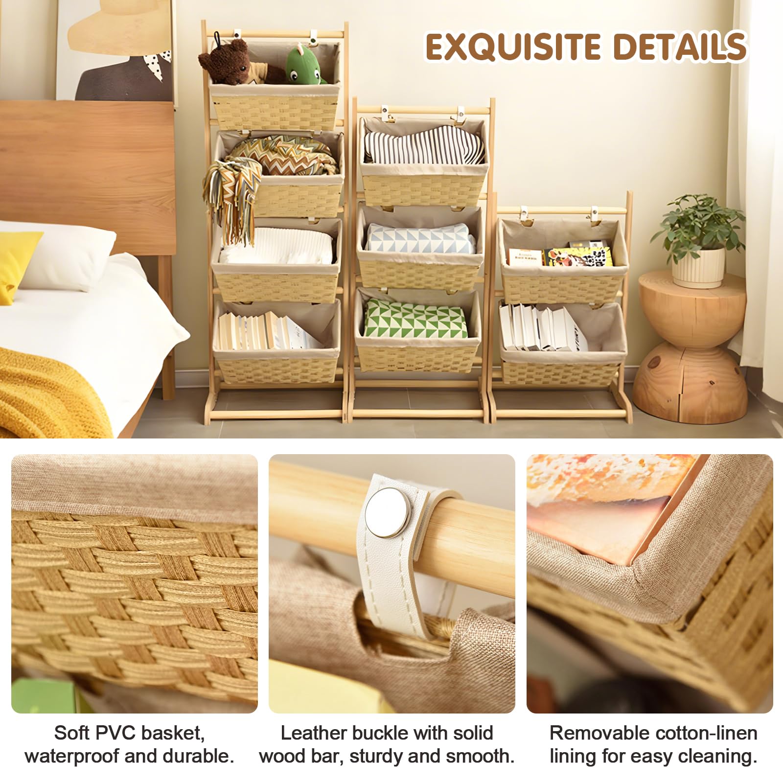 Estantería escalonada con cestas, estante de almacenamiento de 4 niveles con estructura de madera, estante independiente de pie con forro de tela extraíble para frutas (4-Tier-49.6"H×26.6"W×13.8"D)