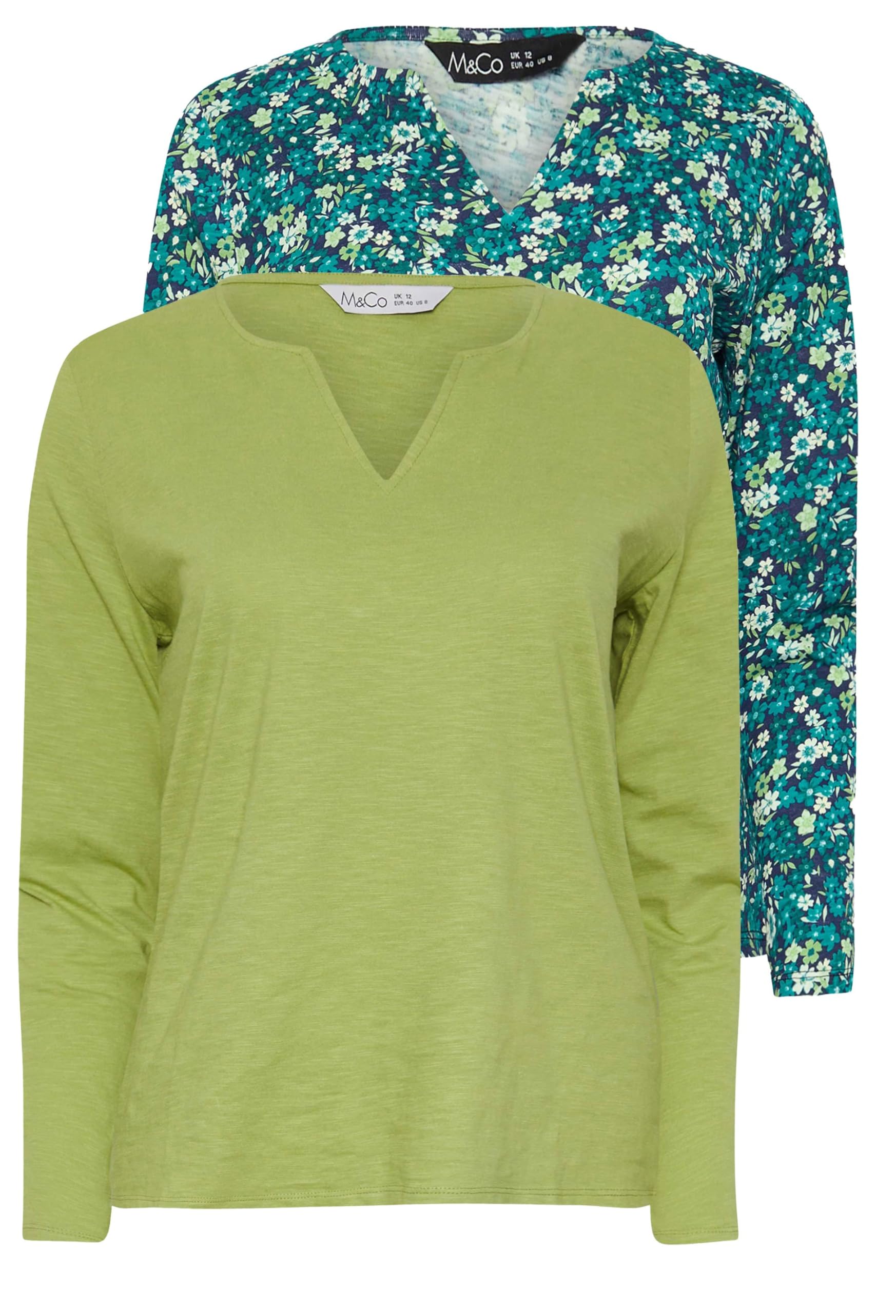 M&Co Women's Green 2 Pack Cotton Notch Neck T-Shirts In | Size: 14