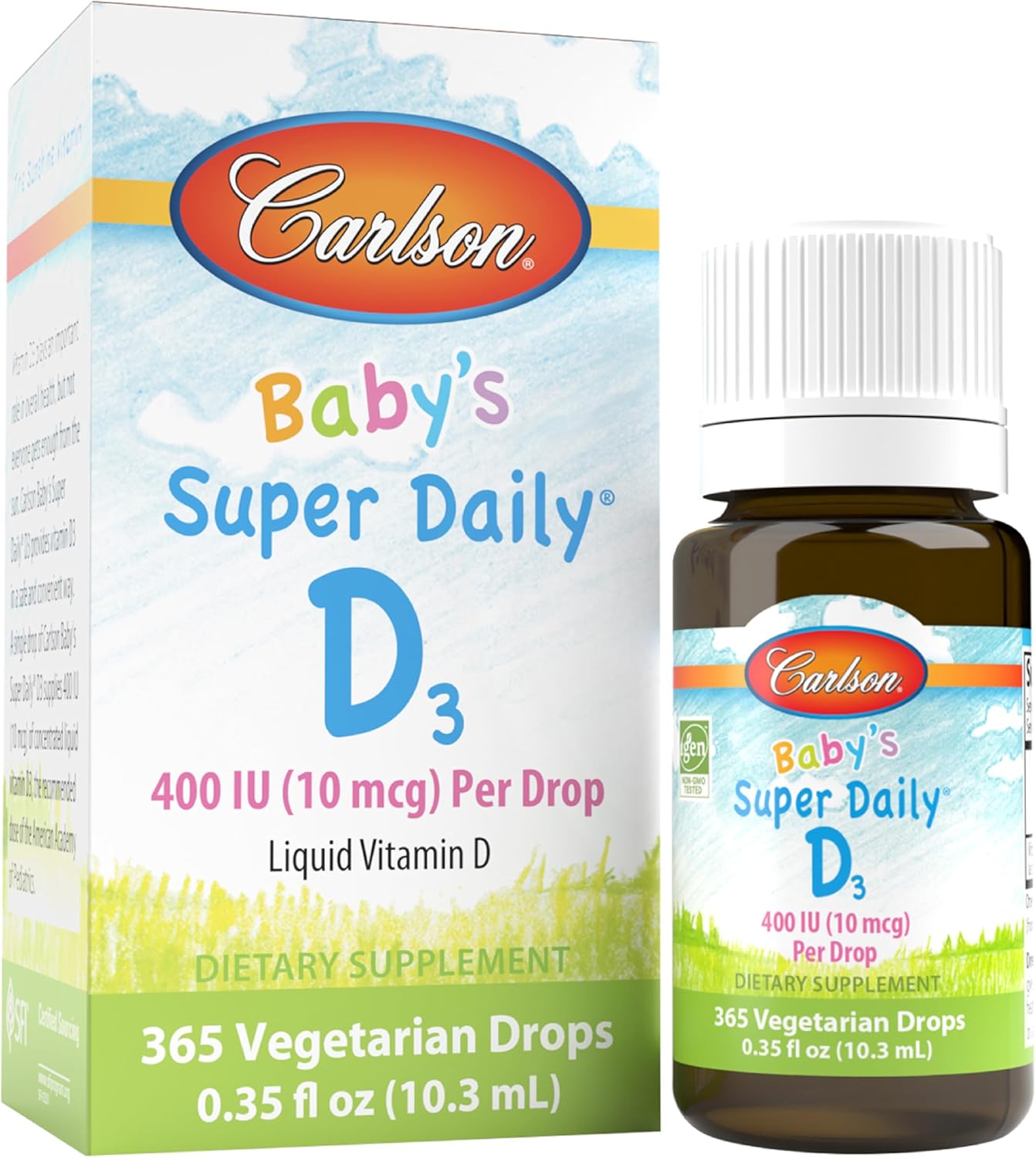 Carlson – Baby’s Super Daily D3, Baby Vitamin D Drops, 400 IU (10 mcg) per Drop, 1-Year Supply, Vegetarian, Liquid Vitamin D Drops for Infants and Toddlers, Unflavored, 365 Drops Carlson – Baby’s Super Daily D3, Baby Vitamin D Drops, 400 IU (10 mcg) per Drop, 1-Year Supply, Vegetarian, Liquid Vitamin D Drops for Infants and Toddlers, Unflavored, 365 Drops