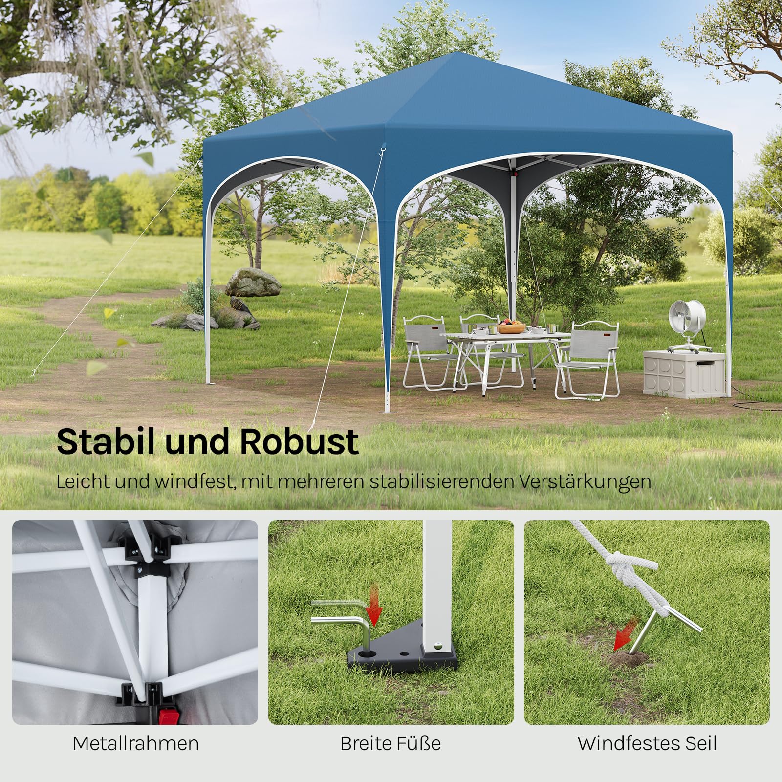 WOLTU Pavillon Faltbar wasserdichter Faltpavillon Sonnenschutz Event Gazebo Gartenpavillon auf Terrasse Camping Festival mit Halbmonddach Pagodenzelt des Halbkreises aus Oxford Metallrahmen 3x3m Blau