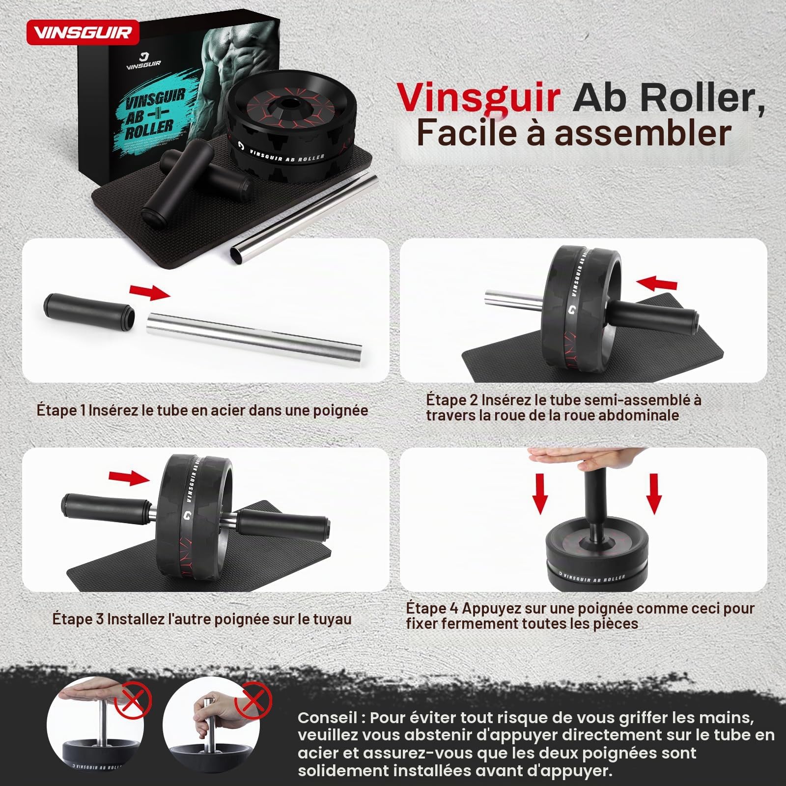 Vinsguir Ab Roue abdominale pour exercices à la maison, noir/rouge