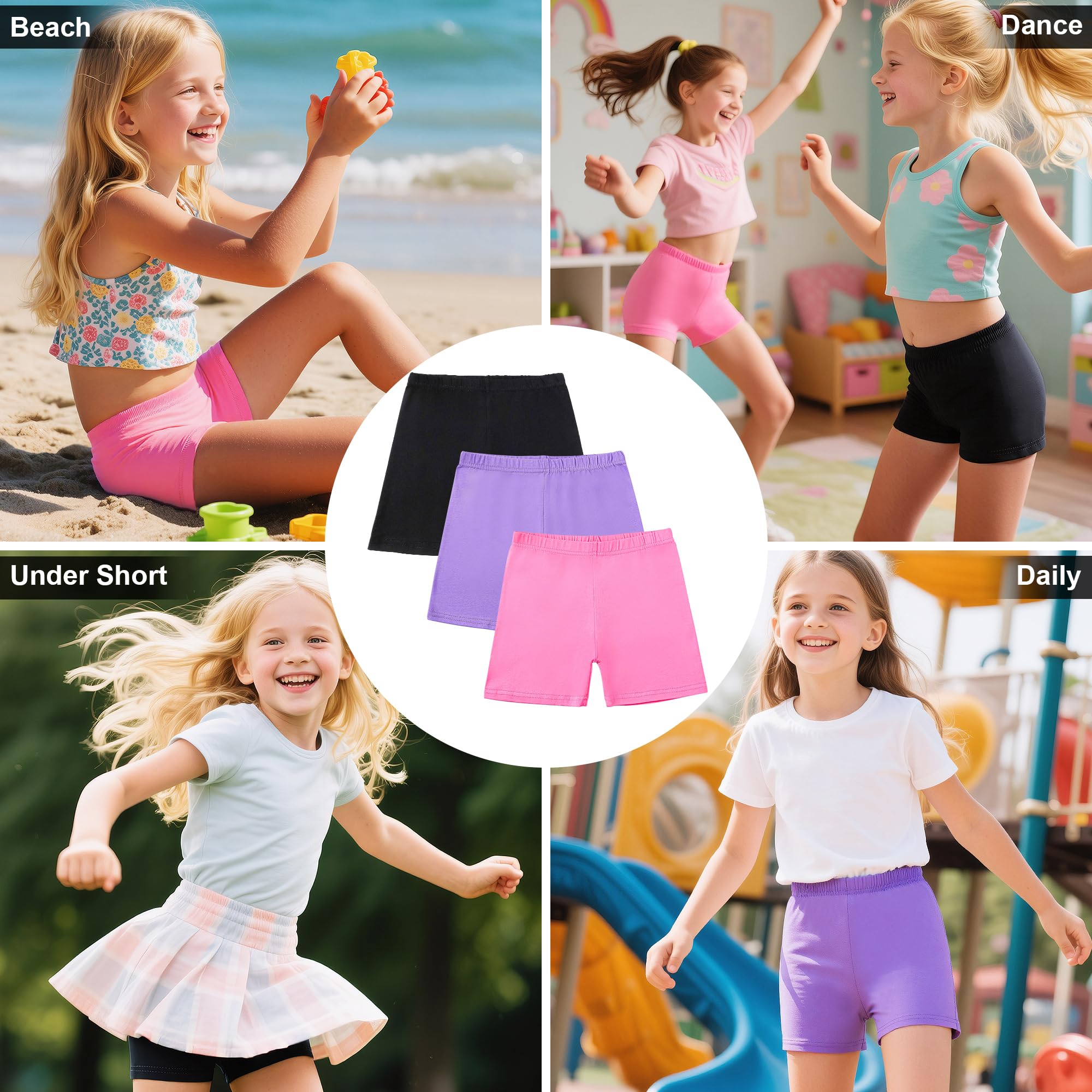 Shorts Pantalones Niñas, Cortos de Ciclismo Leggings Algodón Pack de 3, Elástica Mallas Cortas Transpirable Deportivo Correr Danza Verano Cómodo Short Pantalón 5-16 Años