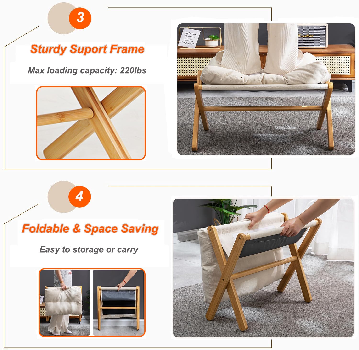 bimiti Taburetes plegables para reposapiés, taburetes otomanos pequeños, reposapiés de bambú, cambiador de zapatos con cojín de algodón extraíble para silla perezosa, sala de estar, dormitorio