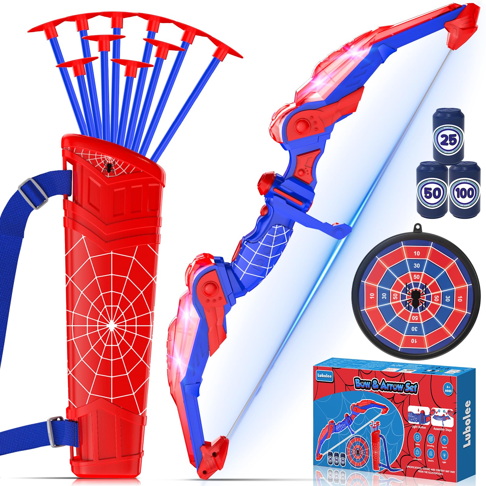 Lubolee Pfeil und Bogen Kinder Set mit LED Licht, Outdoor Spielzeug ab 3 4 5 6 7 8 9 10 11 12 Jahre Jungen, Outdoor Spiele für Kinder mit Bogen, Köcher, 10 Pfeilen, Hängeziel und 3 Schaumstoffzielen