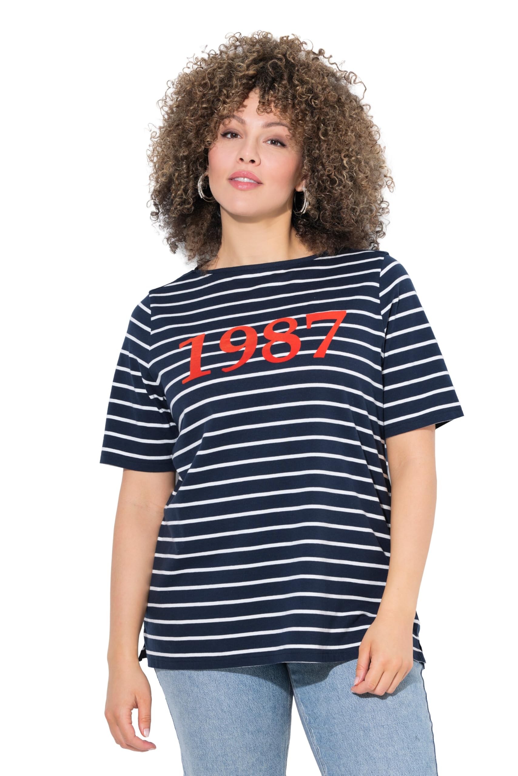 Ulla Popken Damen große Größen Übergrößen Plus Size T-Shirt, Ringel, Flockdruck, U-Boot-Ausschnitt, Halbarm 840985