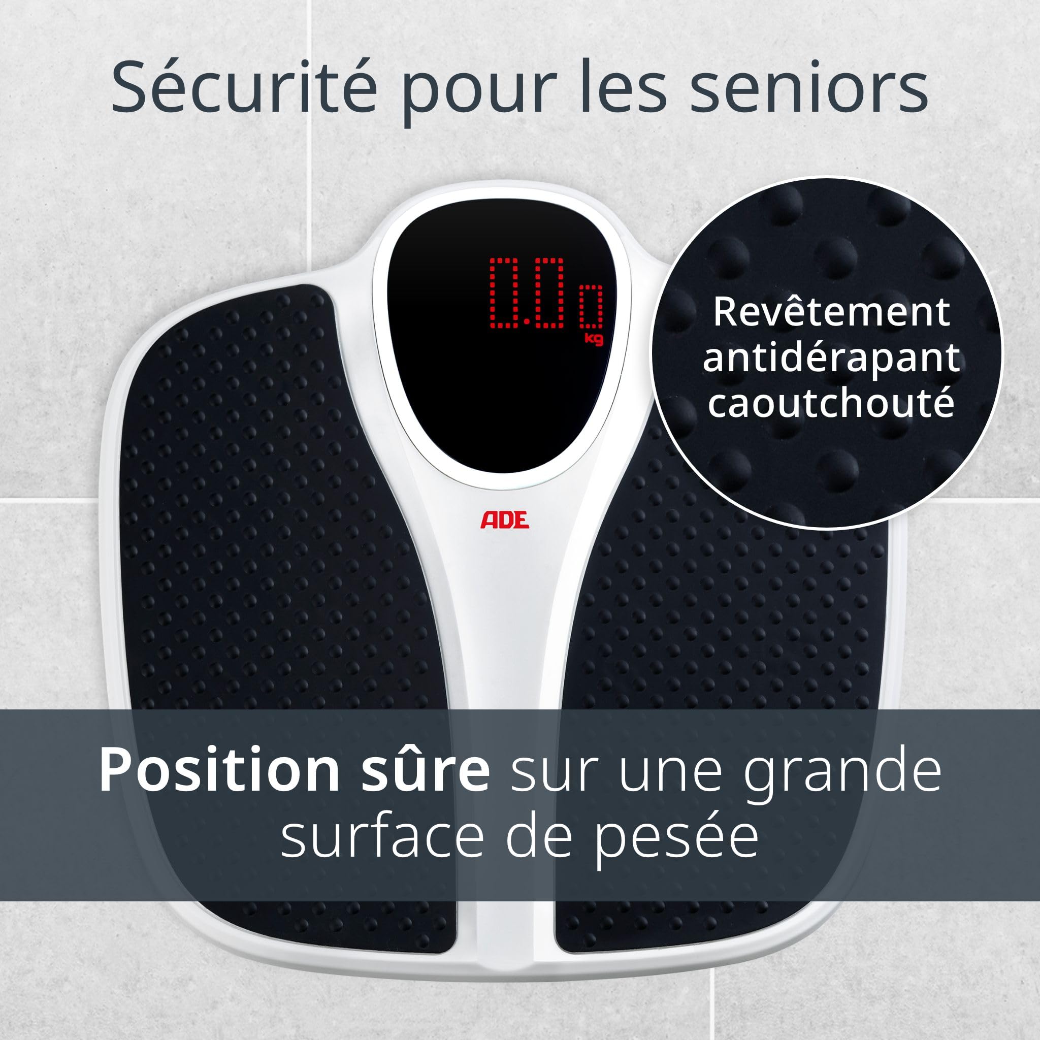 ADE Pèse-personne numérique | Jusqu'à 200 kg | Surface de pesée extra large et antidérapante | Pèse-personne pour personnes âgées avec grand écran à matrice de points rouges