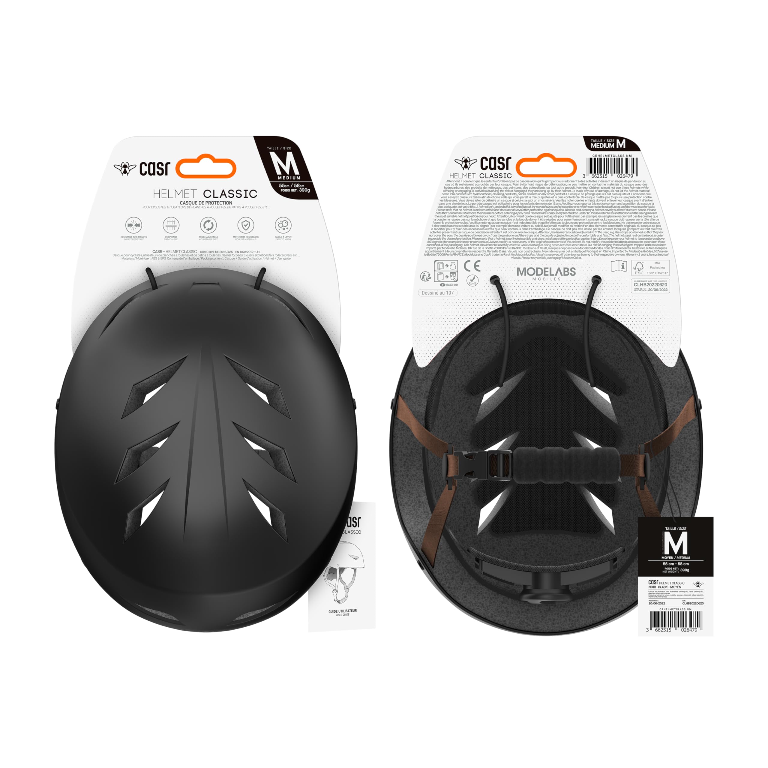 Casque Bol Certifié EPI CASR Classic pour Skate Vélo Trottinette Électrique - Clip de Serrage Ajustable Sangles Nylon