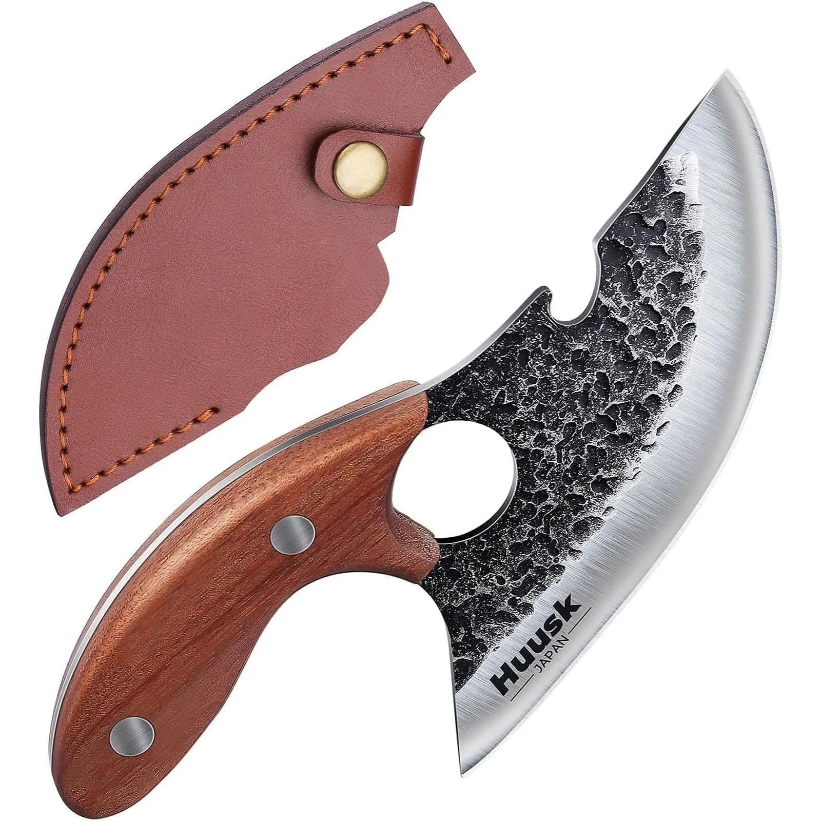 Huusk Knives, Viking Boning Knife for Meat Cutting, Small Ulu knives, Caveman Ultimo Knife Hand Forged Full Tang Knives for Kitchen or Camping Christmas Gift for Men and Women