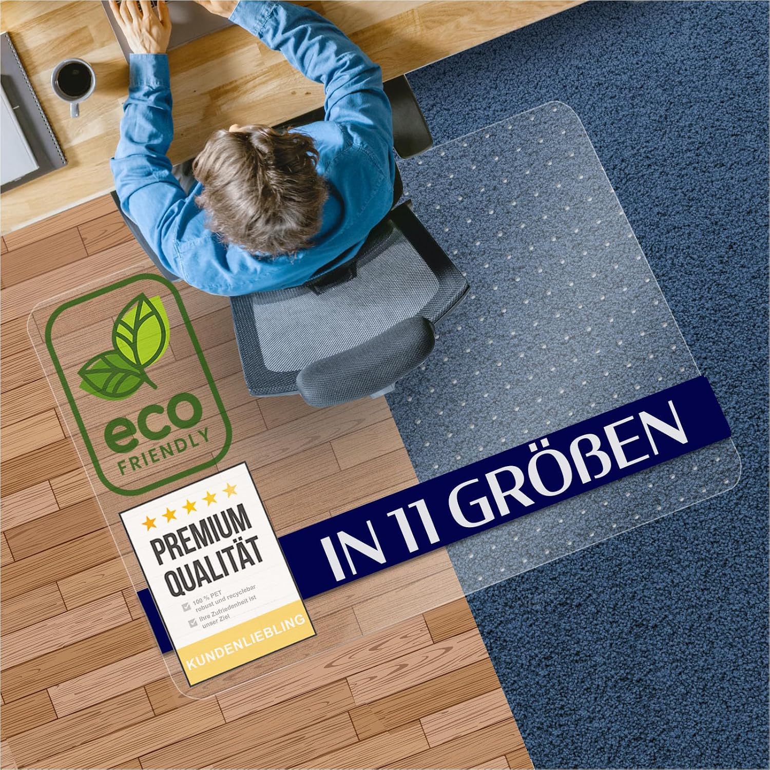 Bodenschutzmatte aus PET für Hartböden, transparent 120x180 cm, 100% recycelbar, nachhaltige Bürostuhlmatte