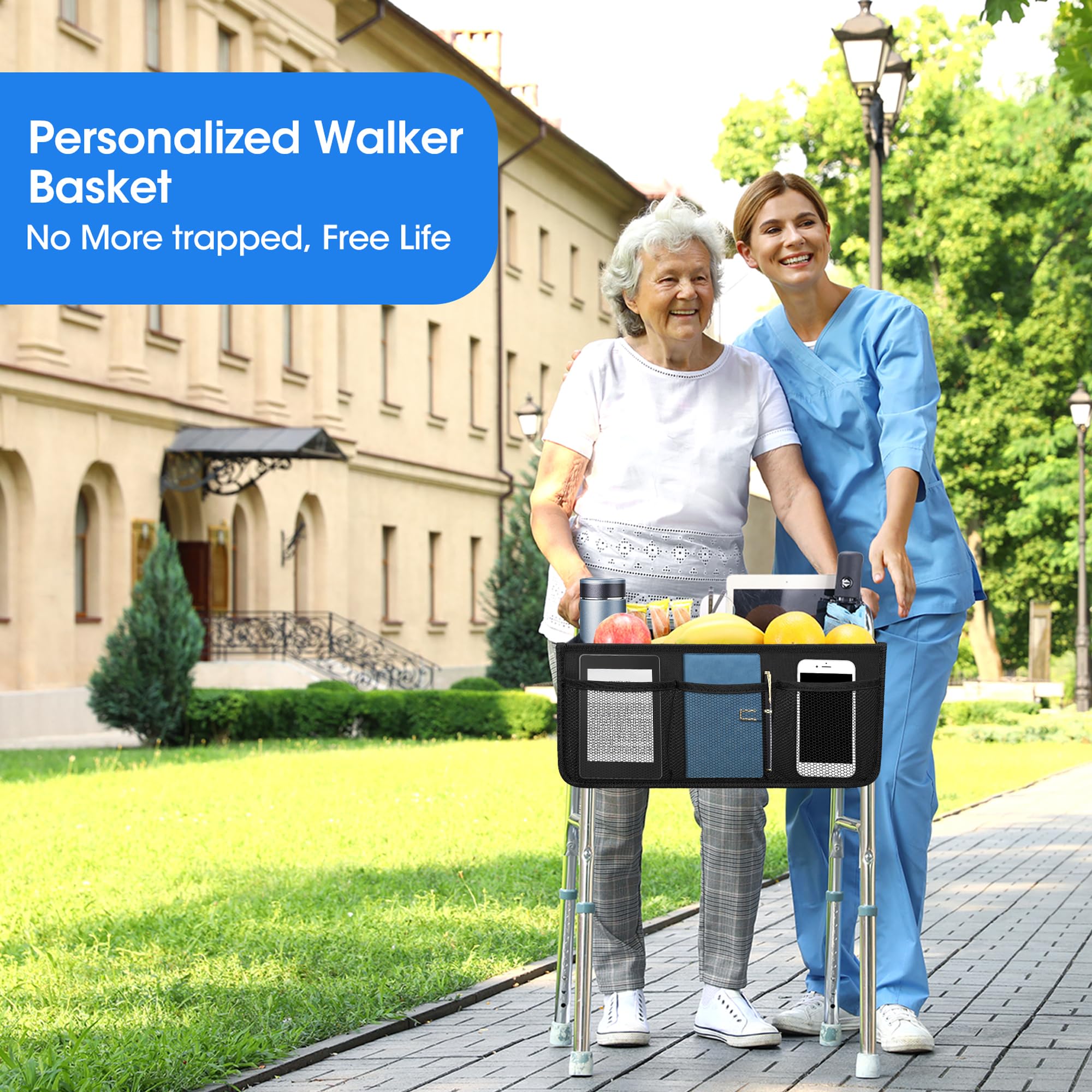 Upgrade Dotday Walker Basket Walker Bag Walker Bag Soporte para tazas de agua, bolsa de almacenamiento plegable con gran capacidad y nunca se vuelque, el mejor regalo para la familia, color negro (no