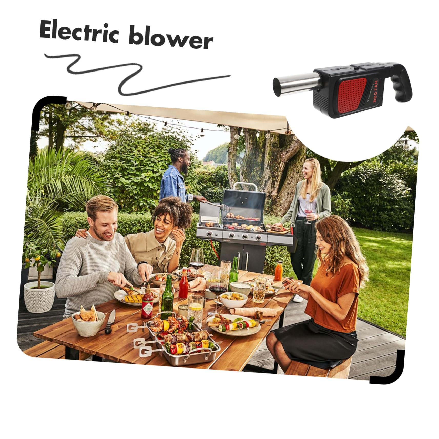 Soffiatore Elettrico e Acciaio Inox per Barbecue Portatile 2 Pezzi in ABS | Design Compatto, Nero, Funziona 4 Batterie Aa, per Picnic e Grigliate fuori Casa