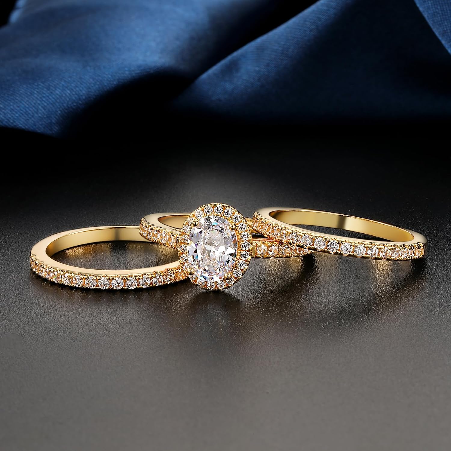 MDFUN Three in One Round/Oval/Eye/Teardrop Halo Wedding Bands Set Engagement Rings 18K Yellow Gold Plated Cubic Zirconia Promise Eternity Band for Women Size 5-10