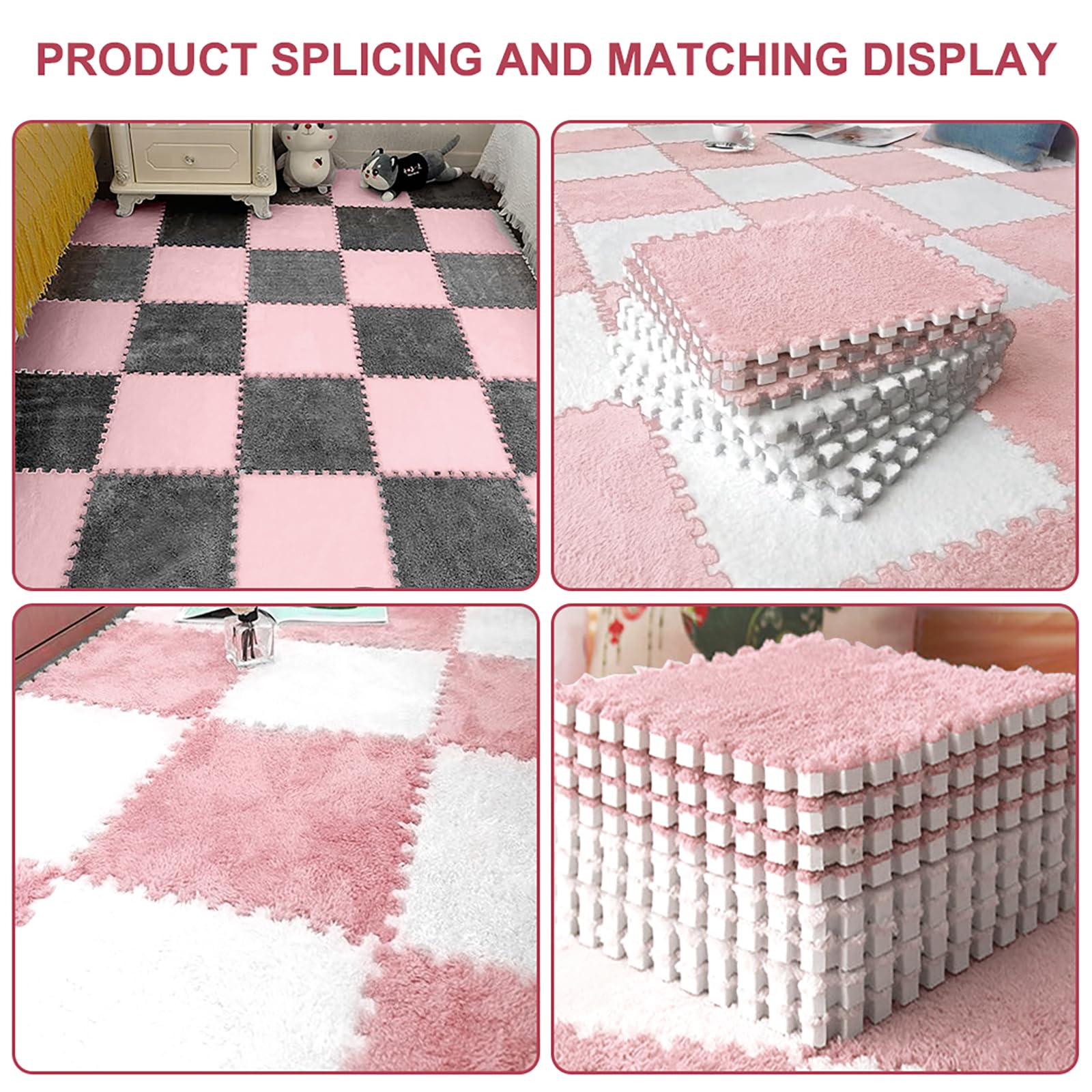12 Pezzi Tappeto Puzzle in EVA, Tappeti Puzzle in Peluche Interconnessi, 30x30cm Tappeto Gioco Antiscivolo per Camera da Letto, Soggiorno e Cameretta Bambini (Rosa Chiaro)