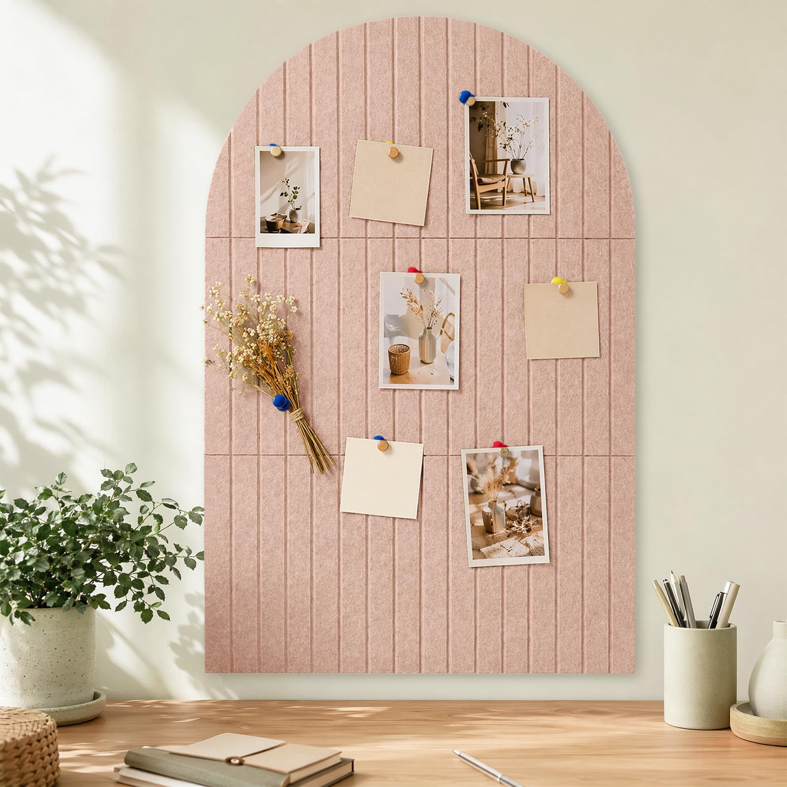 KinHaven Arched Felt Bulletin Board 90x60CM - Large Cork Board Alternative, 6 Pack 9mm Felt Tiles with 30 Adhesive Tabs & 30 Pushpins for Wall, Coral