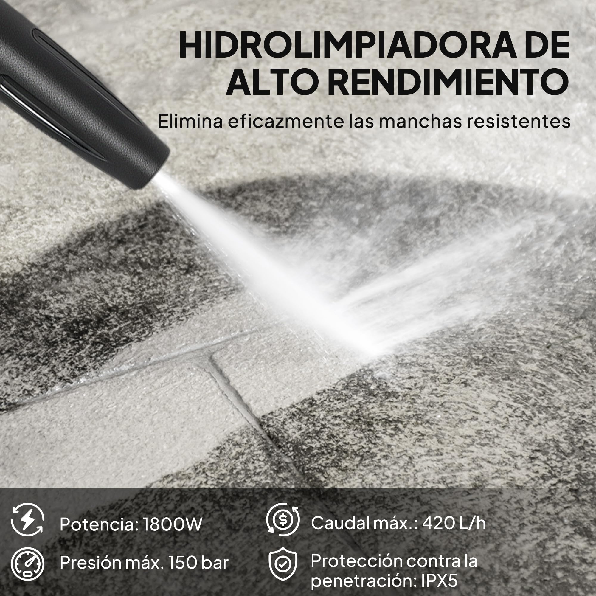 Outsunny Hidrolimpiadora de Alta Presión 1800W, Presión 150 Bar, Caudal 420 L/h, con Bomba de Aluminio, Parada Automática, Manguera de 6 m, Incluye Botella de Espuma y Boquilla Ajustable, Rojo y Negro