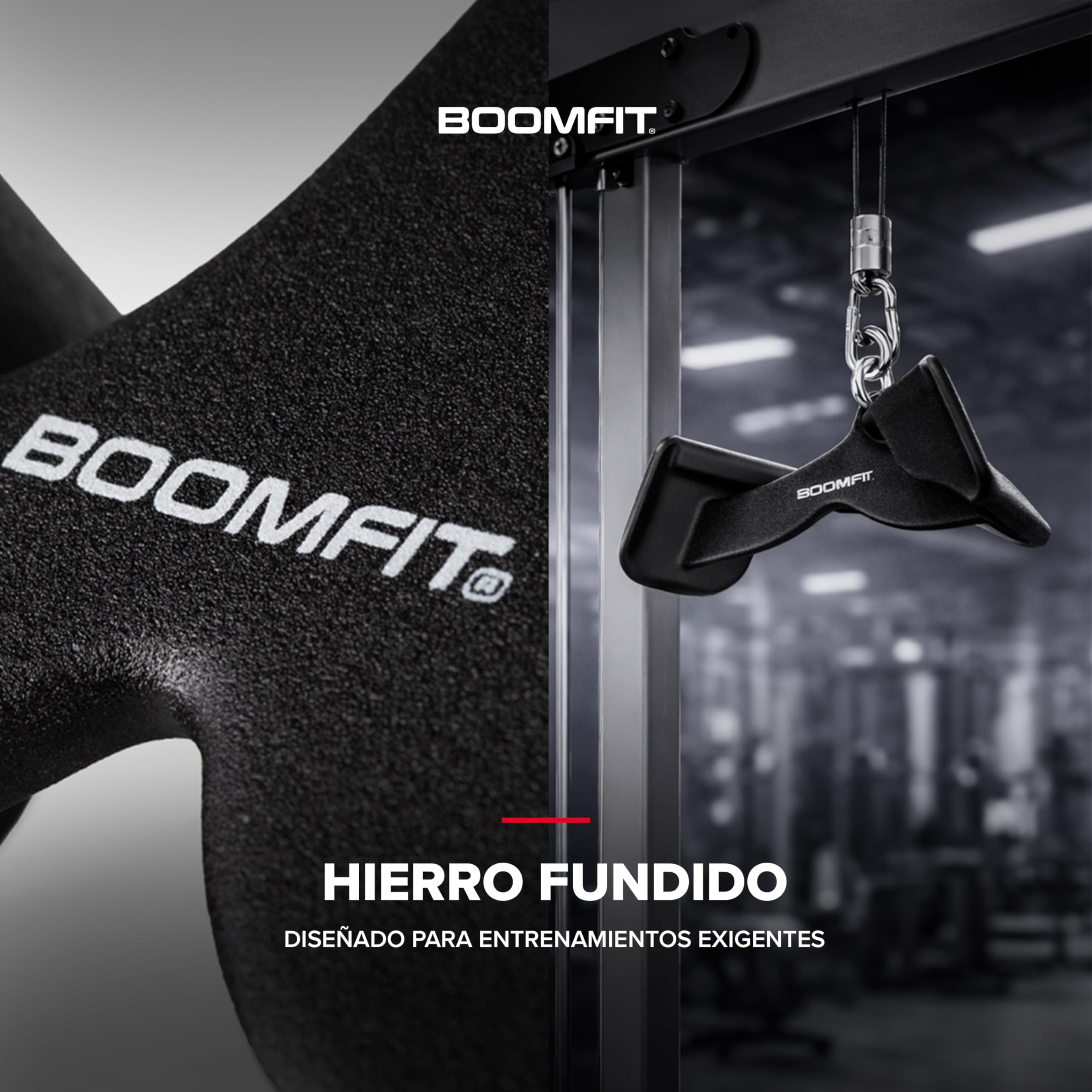BOOMFIT Pack 8 Agarres para Polea en Hierro Fundido y PVC | Accesorios para Poleas de Gimnasio para Entrenar Espalda, Bíceps, Tríceps y Hombros | Incluye Barra de Jalón, Remo en V y Acoples de Remo | 8 agarres de hierro fundido para tu máquina de polea