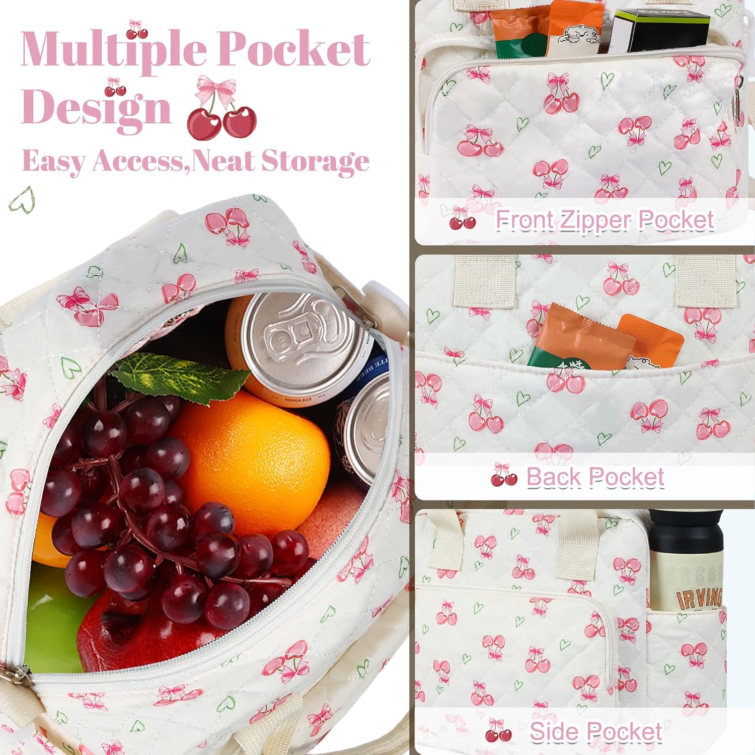 Quilted Lunch Box for Women, Large Insulated Lunch Bag for Adult,Elegant Pink Cherry Cute Portable Tote Bags for Work Travel Beach Picnic(cherry heart,M) - Image 4