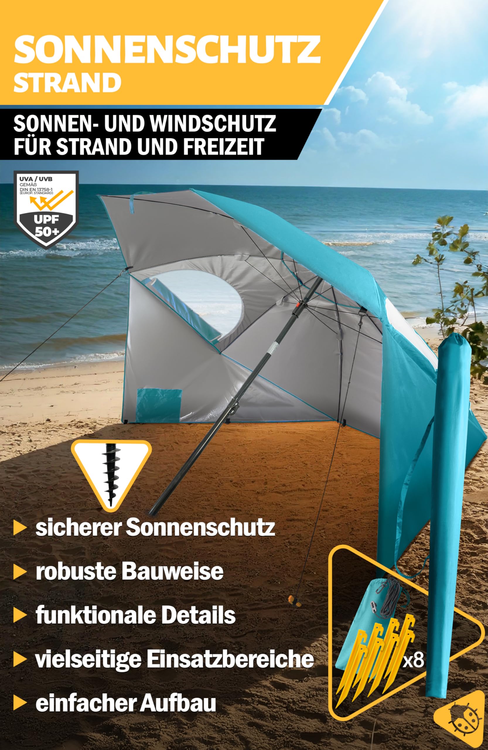 Menz Sonnenschirm Strand windfest stabil Ø 220 cm - Funktionale UPF 50+ Sonnenschirm Muschel, Strandschirm mit Seitenwand, Sonnenschutz Strand, Fb. Türkis