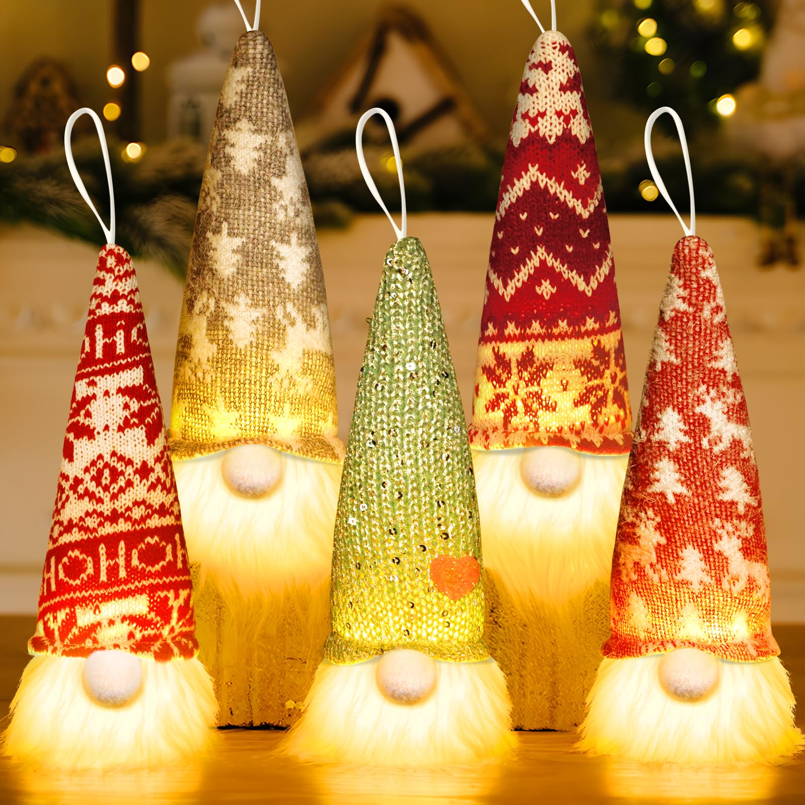 MWZEAUL Gnomos de Navidad con Luz Led, 5 Piezas Muñecos Gnomo Navidad Iluminado, Gnomos Navideños de Tela Peluche, Gnomo Navidad Decoración Hecha a Mano, Adornos de Navidad para Casa, Mesa