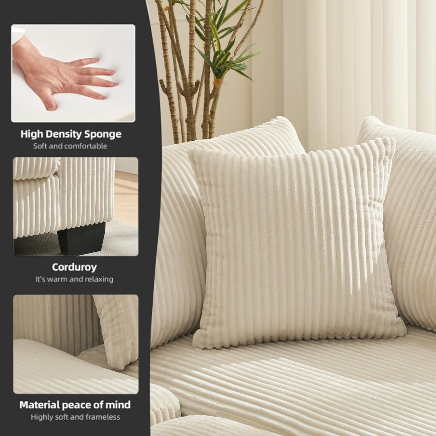 Modular Sectional Sofa Bed, Convertible U Shaped Couch 114" Pull Out Couch, Sleeper Sofa with Movable Ottoman, Modular Adjustable Recliner Bed Couches for Living Room, Corduroy Beige White