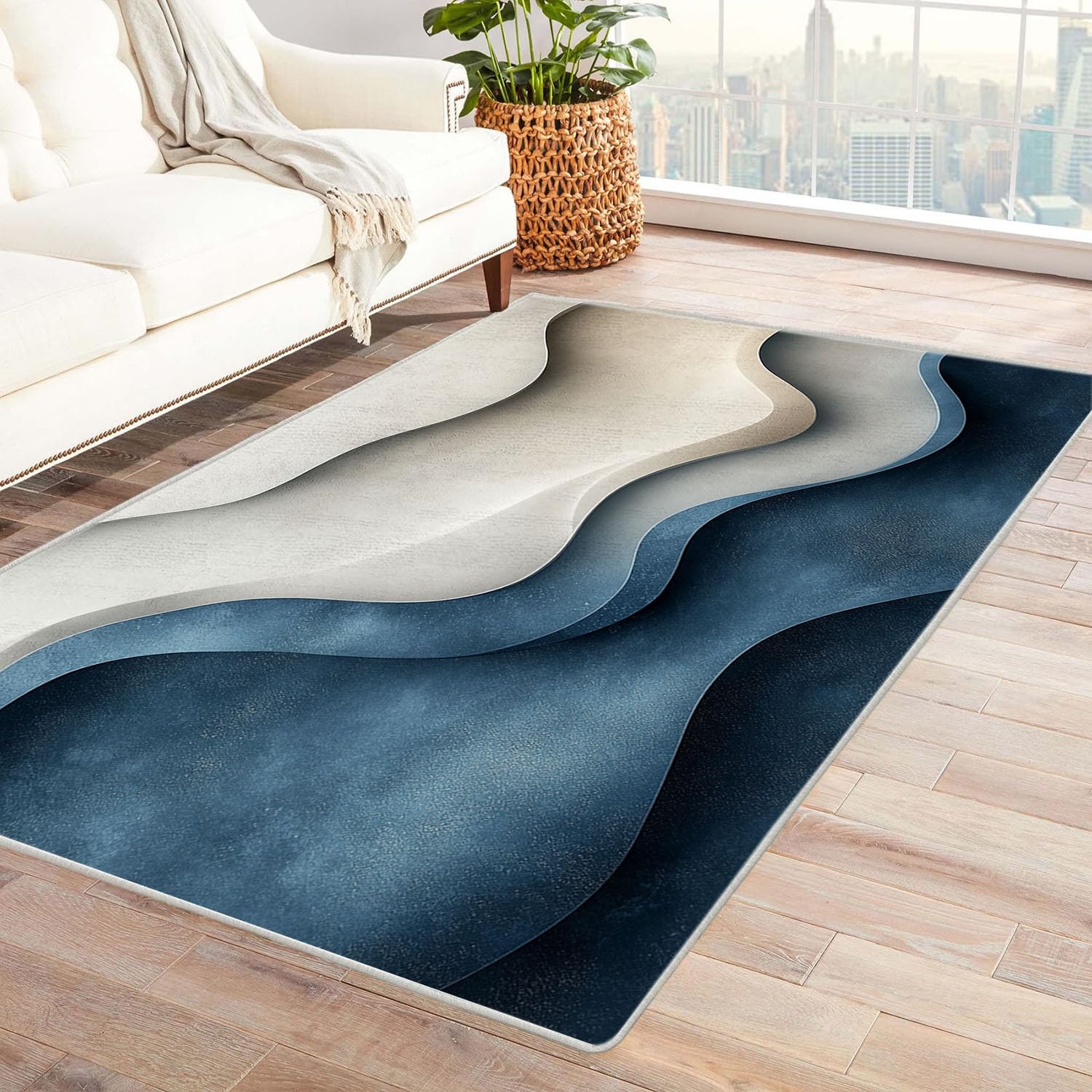 Tapis de salon bleu 60x90cm vintage et lavable à poil court doux