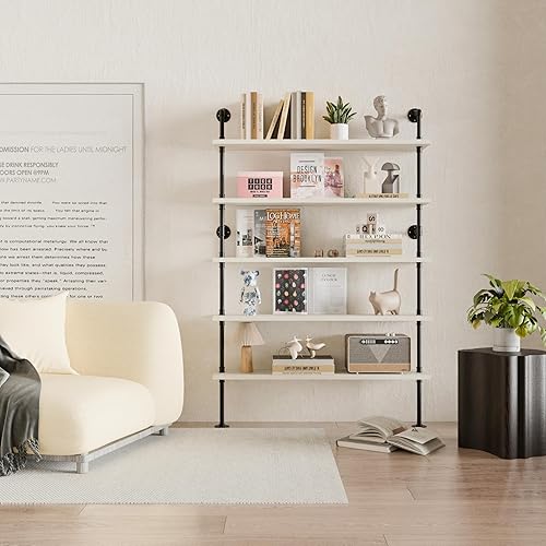 Miniatura 10 de Anynice Estante industrial de tubo de escalera de 6 niveles, estantería de metal de madera montada en la pared para almacenamiento de sala de estar