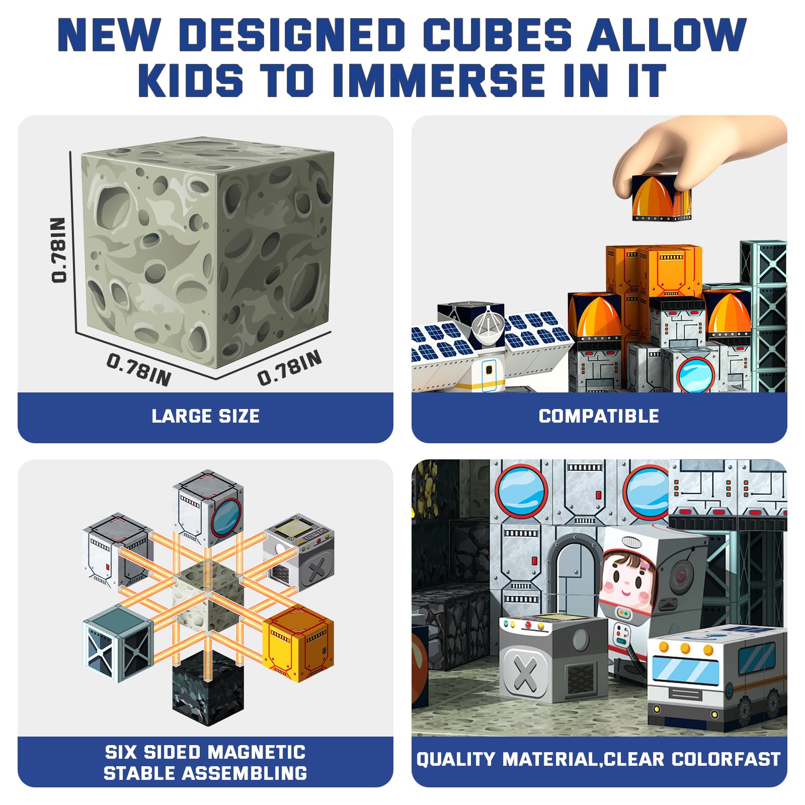 Bloques magnéticos espaciales de 150 piezas | Juguetes educativos STEM para niños mayores de 3 años, juego de construcción apilable creativo con cubos magnéticos de 0,8 pulgadas
