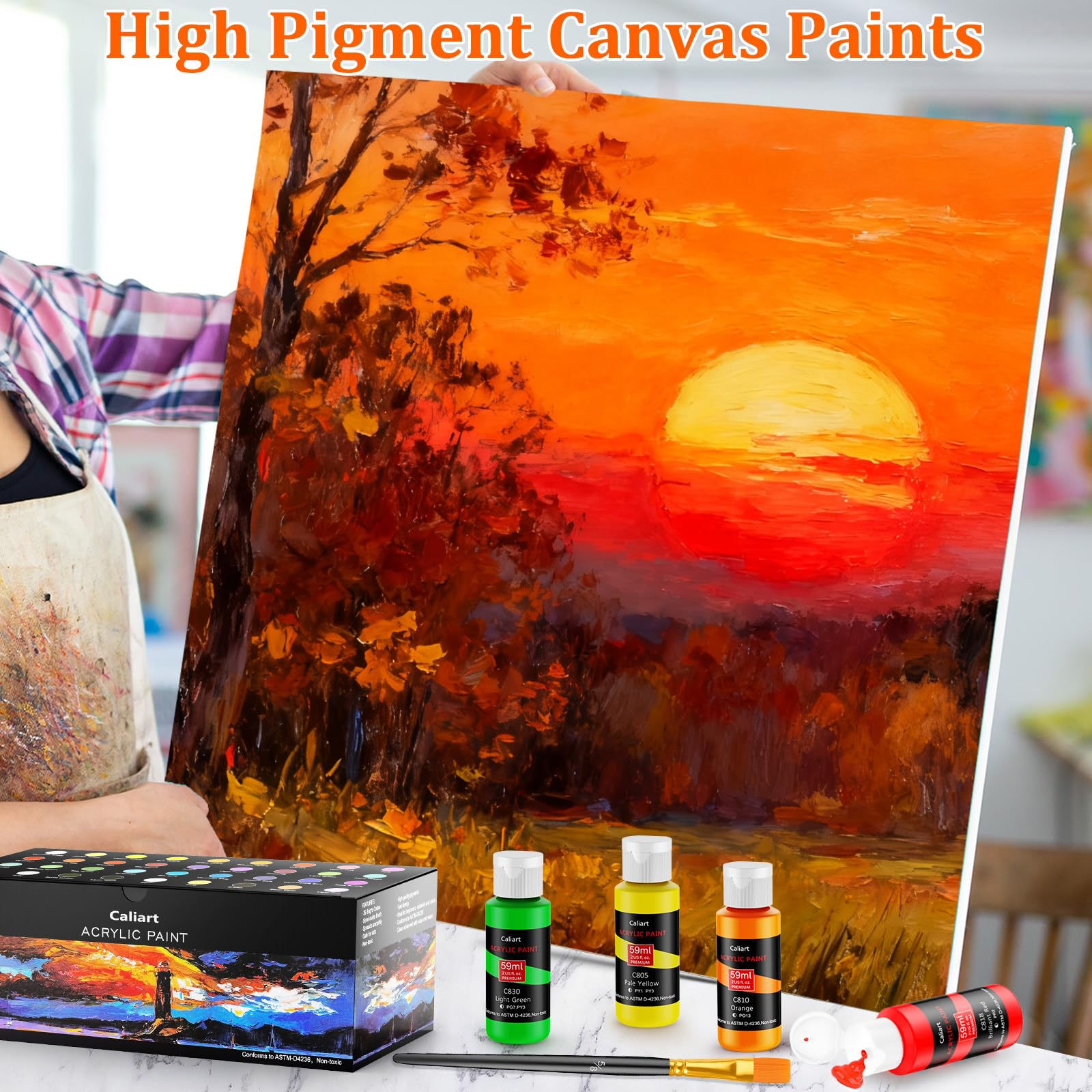 Caliart Acrylfarben-Set mit 12 Pinseln, 36 Farben (59 ml), Kunsthandwerk Farben, Geschenke für Künstler, Kinder, Anfänger und Maler, Halloween-Kürbis-Leinwand, Keramik, Steinmalerei-Set, Kunstbedarf