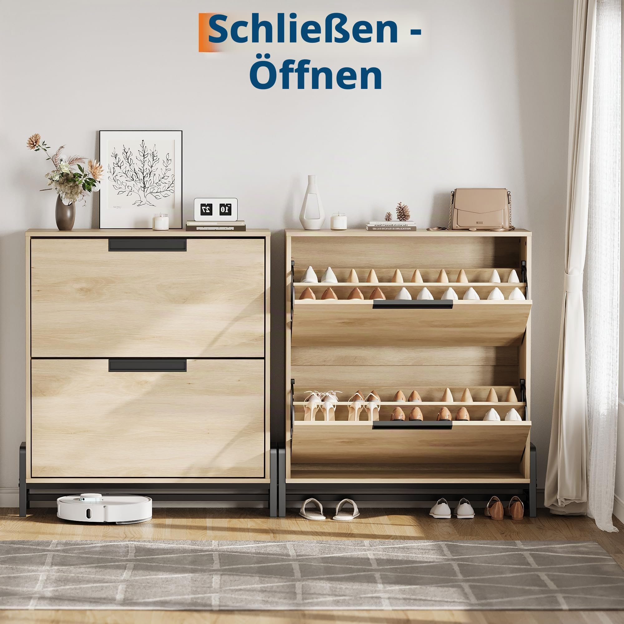Garvee Kippschuhschrank schmal, Schuhkipper Holz mit 2 Klappen, Schuhschrank mit verstellbaren Regalen & Metallbeinen, Platzsparender Schuh-Organizer Schuhkommode für Flur, Eingangsbereich