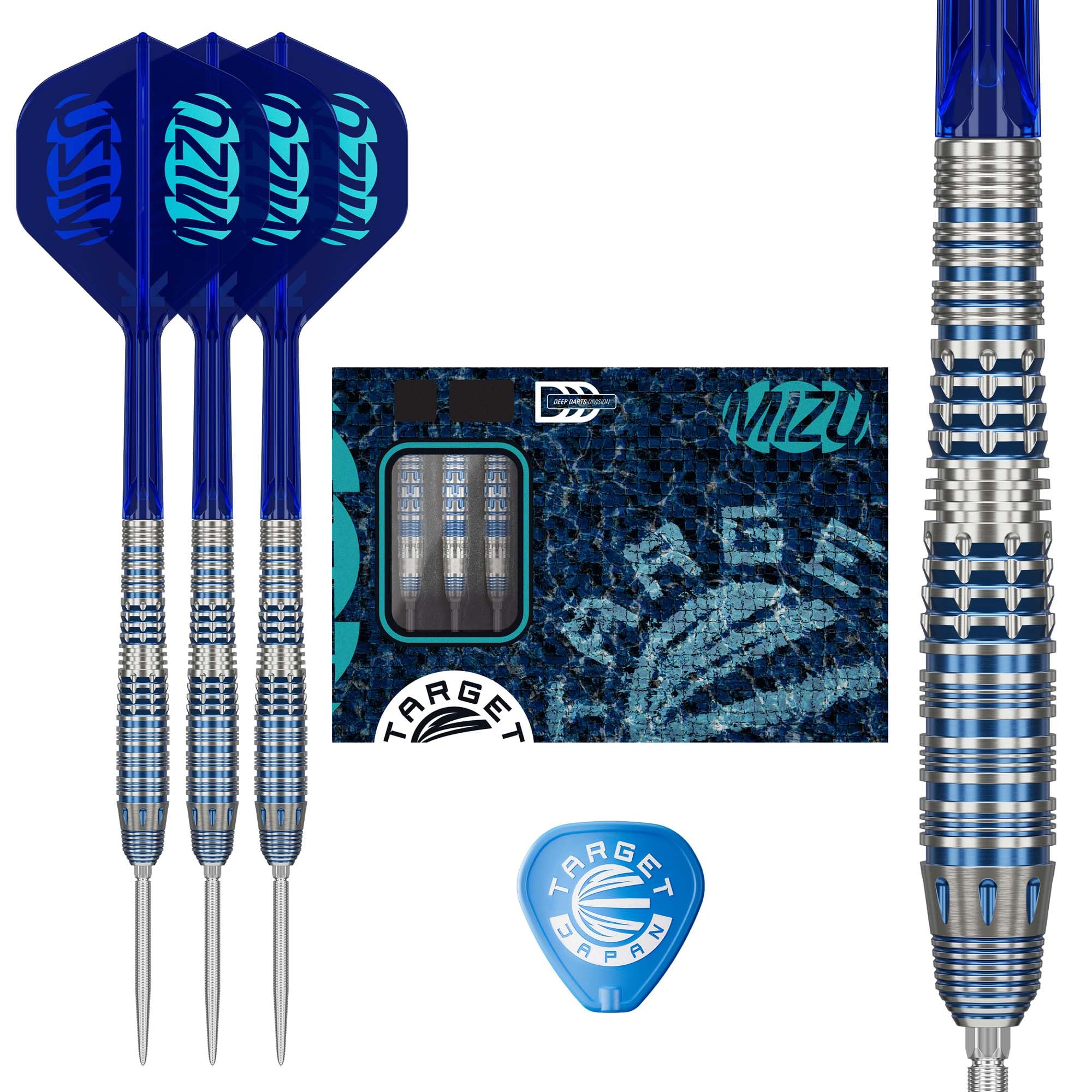 Target Japan Mizu Series Steel Tip Darts, 23G Barrel 03 | 90% Tungsten Darts, K-Flex No.2 Flights & Shafts, Swiss Nano Points & SP Tool Included