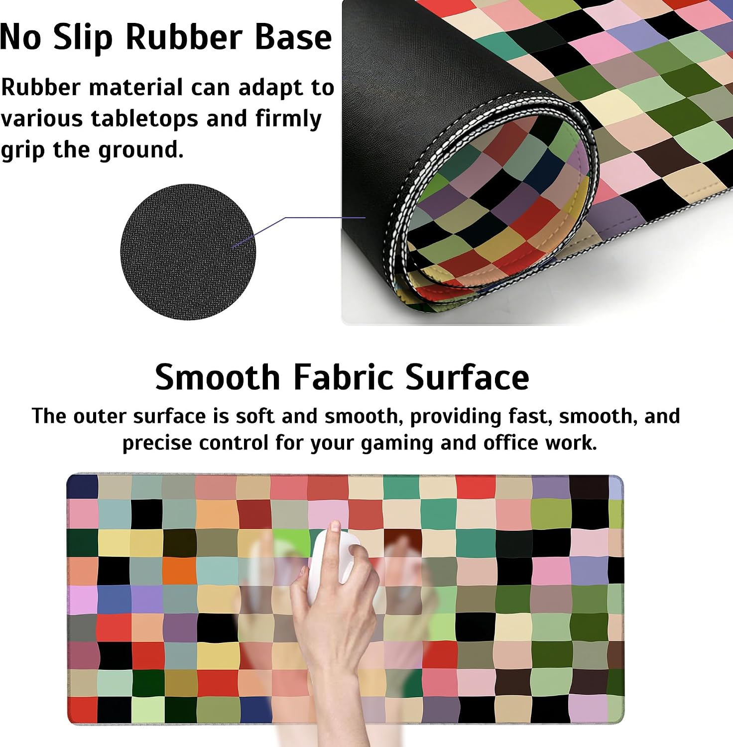 Large Gaming Mouse Pad Colored Squares Desk Mat,Non-Slip Rubber Base Stitched Edges,Extended Mousepad for PC,Laptop,Office,Home Decor(31.5 x 11.8 Inch) image 2