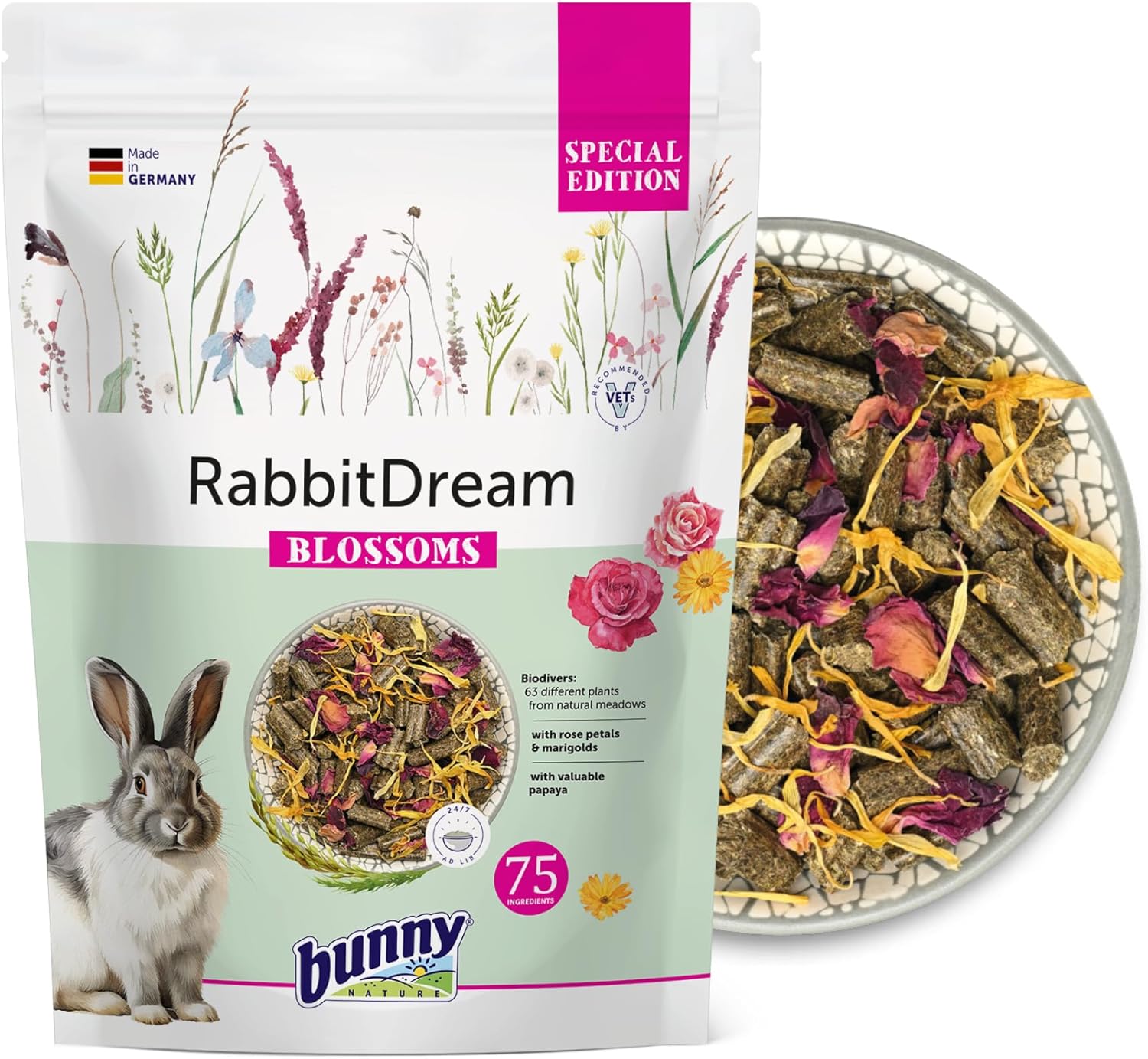 Bunny Nature Rabbit Food Pellets RabbitDream Blossoms, 63 Herbs, Rose Petals, Marigold, Papaya, High Fiber, Grain Free, Digestive Health, Skin & Coat - 3.3 lbs