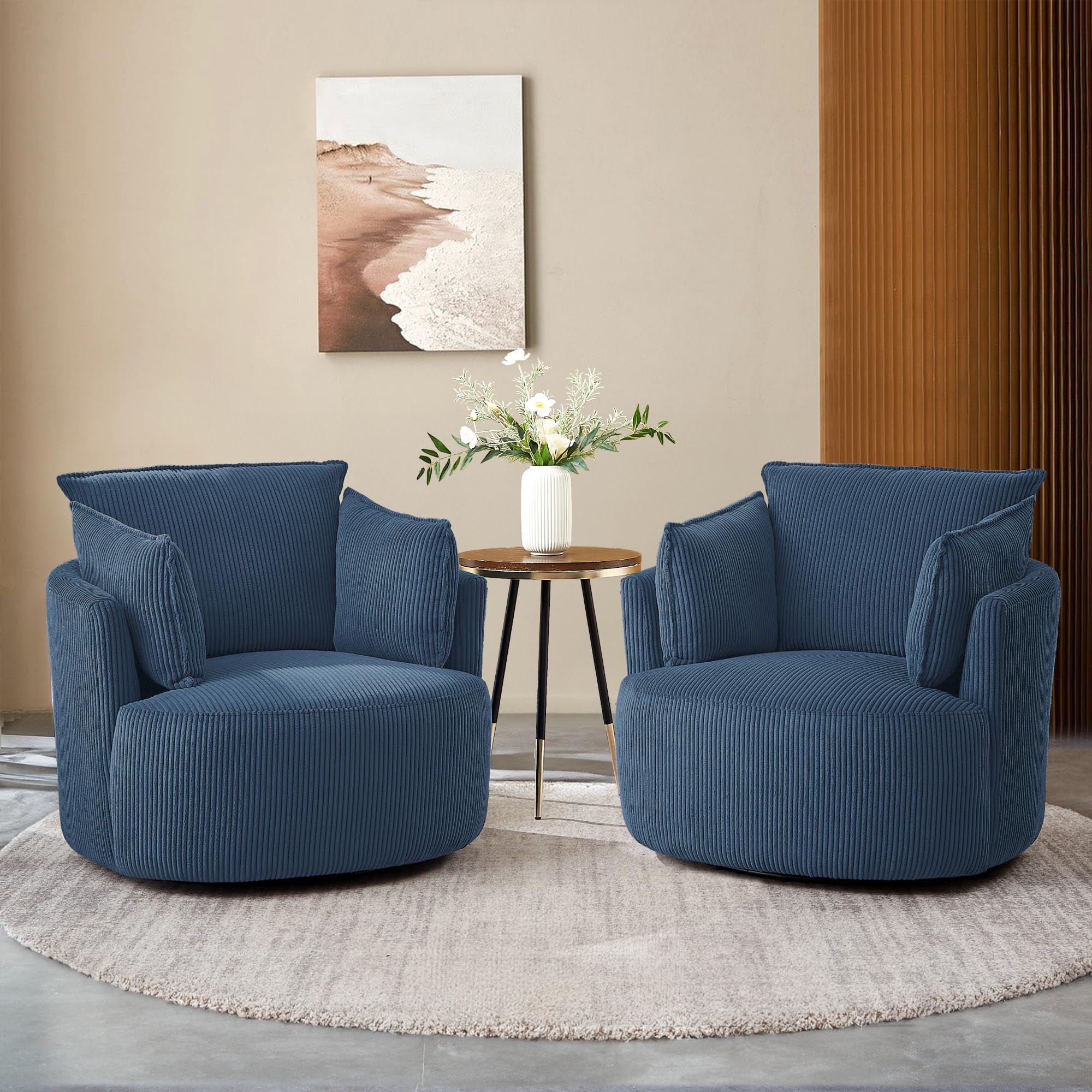 Swivel Accent Chair 360° Round Barrel Armchair with Detachable and Washable Zipper Back Cushions&Pillows Upholstered Corduroy Fabric for Living Room Bedroom Readingroom,2PCS,Blue