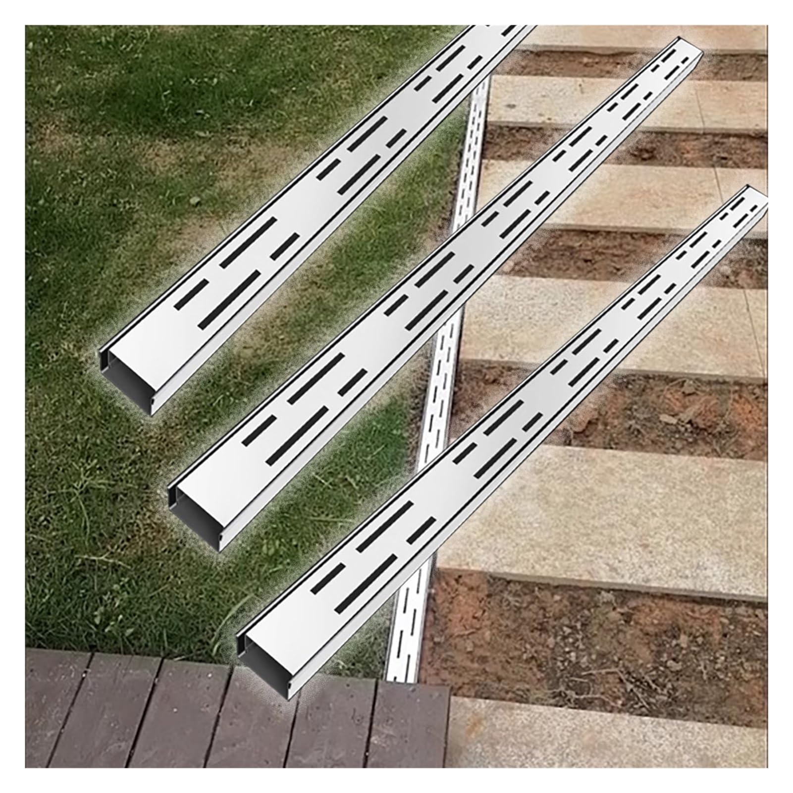Zestaw 3 kanałowych systemów drenażowych ze stali nierdzewnej na zewnątrz patio prostokątny odpływ 20 x 5 cm rura rynnowa i kratki wydajne rozwiązanie drenażowe
