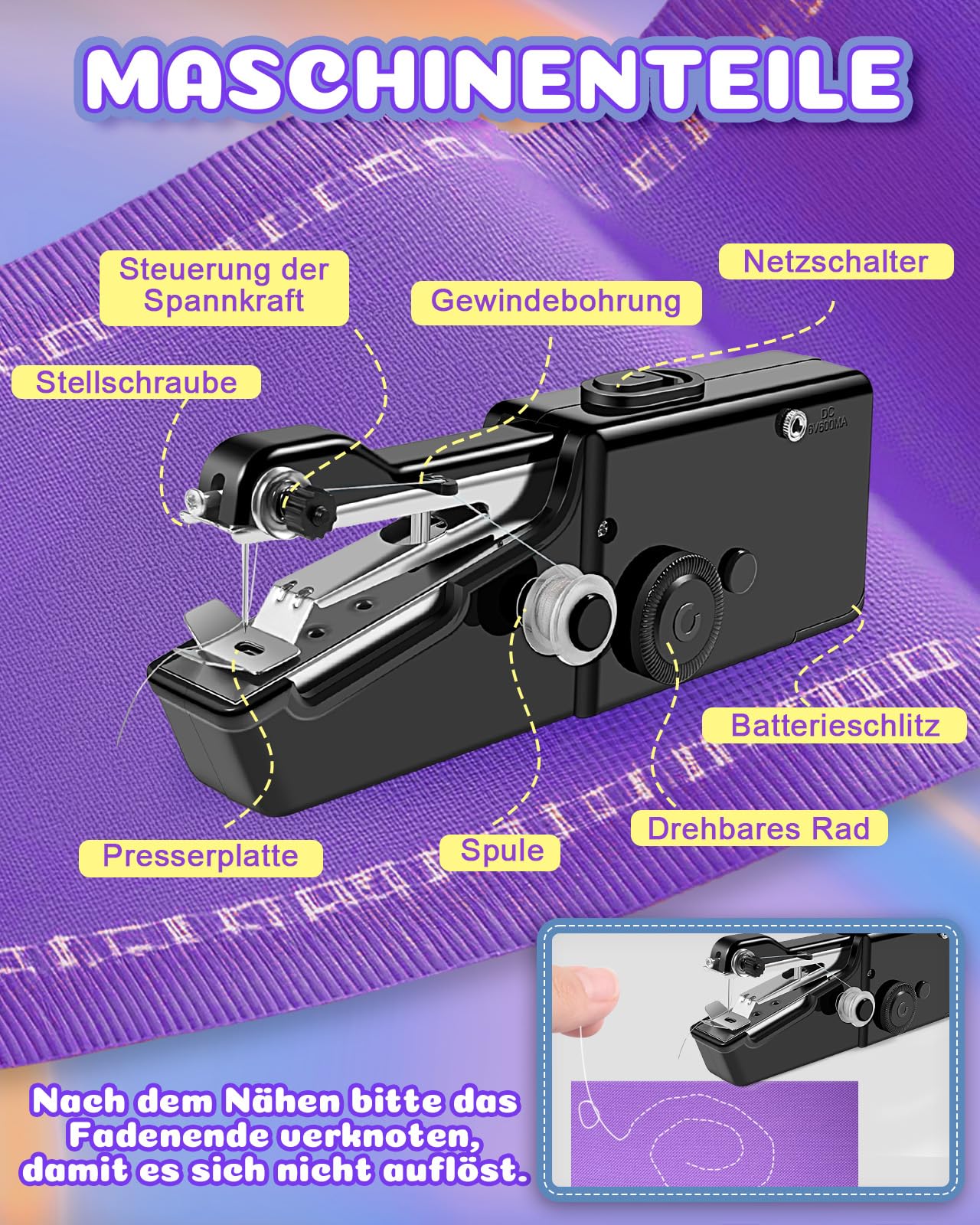 Handnähmaschine Elektrisch Tragbare, Schnelles Nähen Mini Nähmaschine Anfänger mit Spulen Zubehör für Vorhänge Kleidung DIY Handwerk, Hand Sewing Machine für Hause und Outdoor-Notfall (Schwarzer)