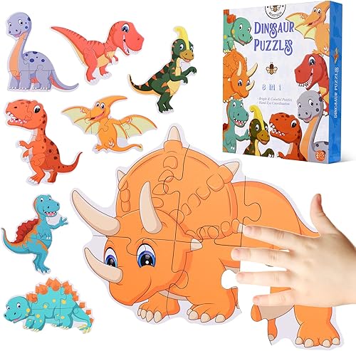 BEESTECH Rompecabezas de dinosaurio para principiantes para niños de 2, 3, 4 años, paquete de 8 rompecabezas educativos de aprendizaje para niños