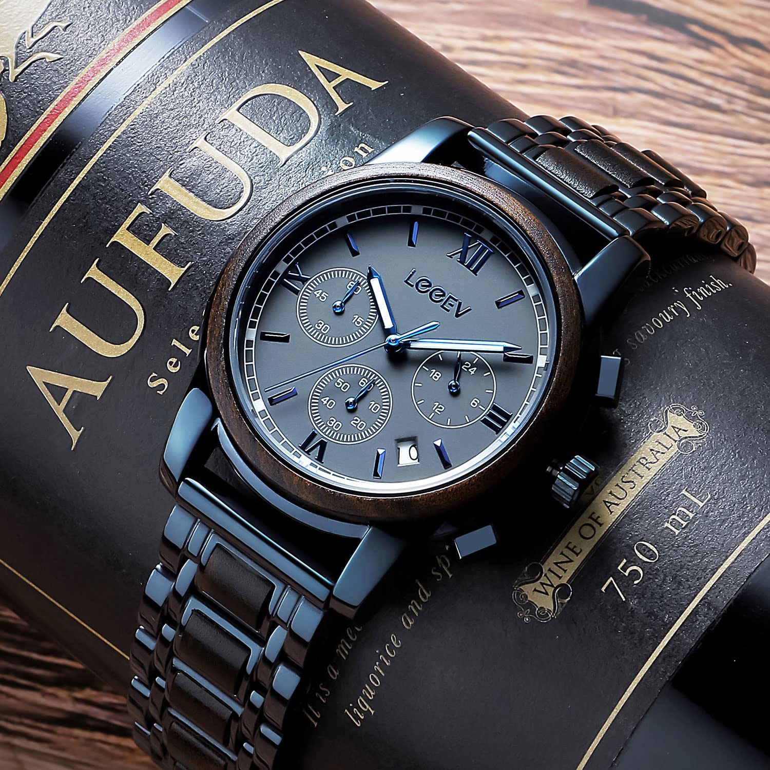 LeeEv Wooden Men Watches Luxury Stylish Watch Wood & Stainless Steel Chronograph Military Quartz Fashion Watch