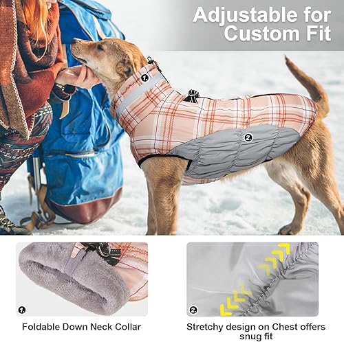 Miniatura 3 de BEAUTYZOO Abrigo de invierno a cuadros para perro, chaqueta reflectante mejorada para perro, forro polar acolchado con arnés integrado, ropa