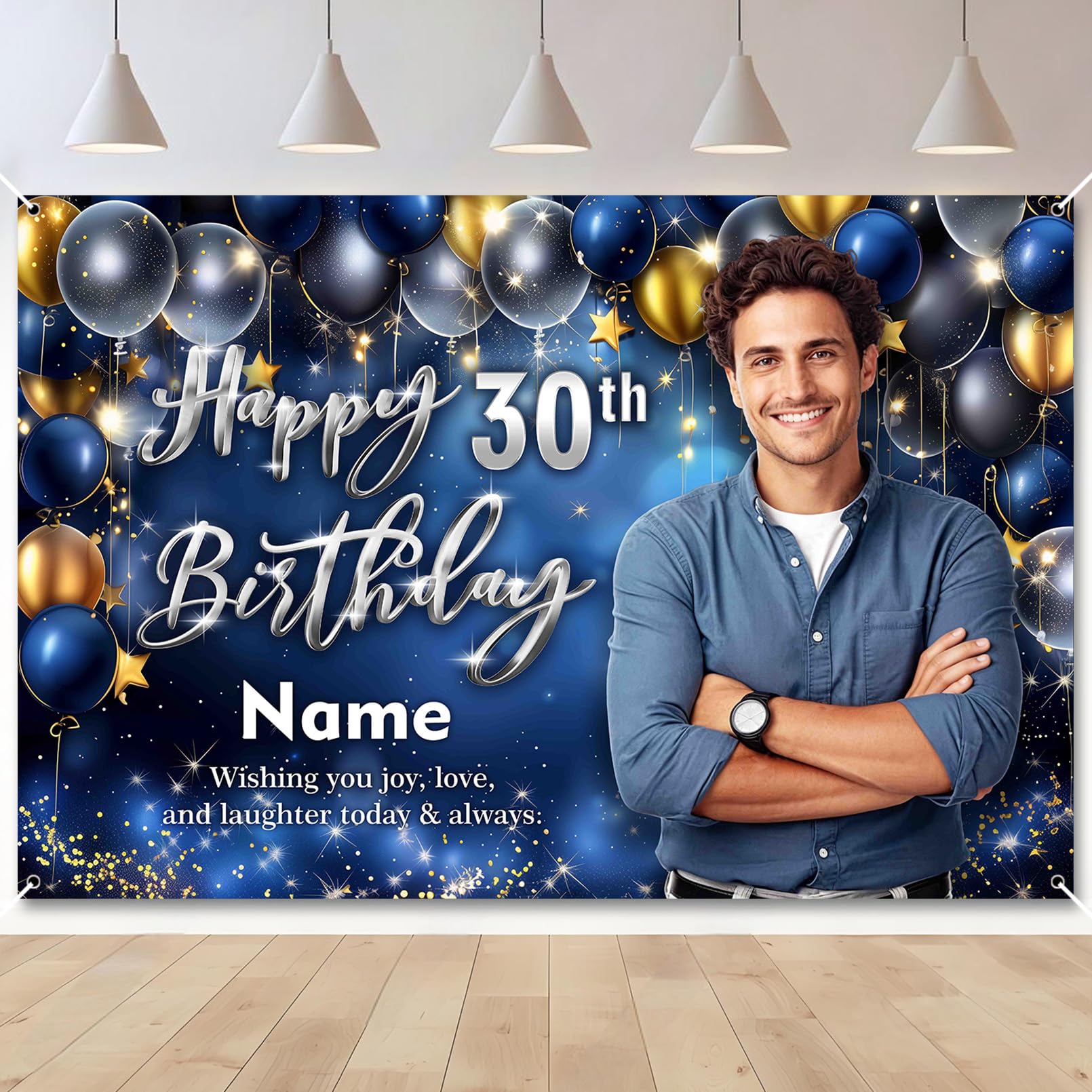 Custom Blue Silver Birthday Banner Add Photo Name Age Party Banner Decor — image 1