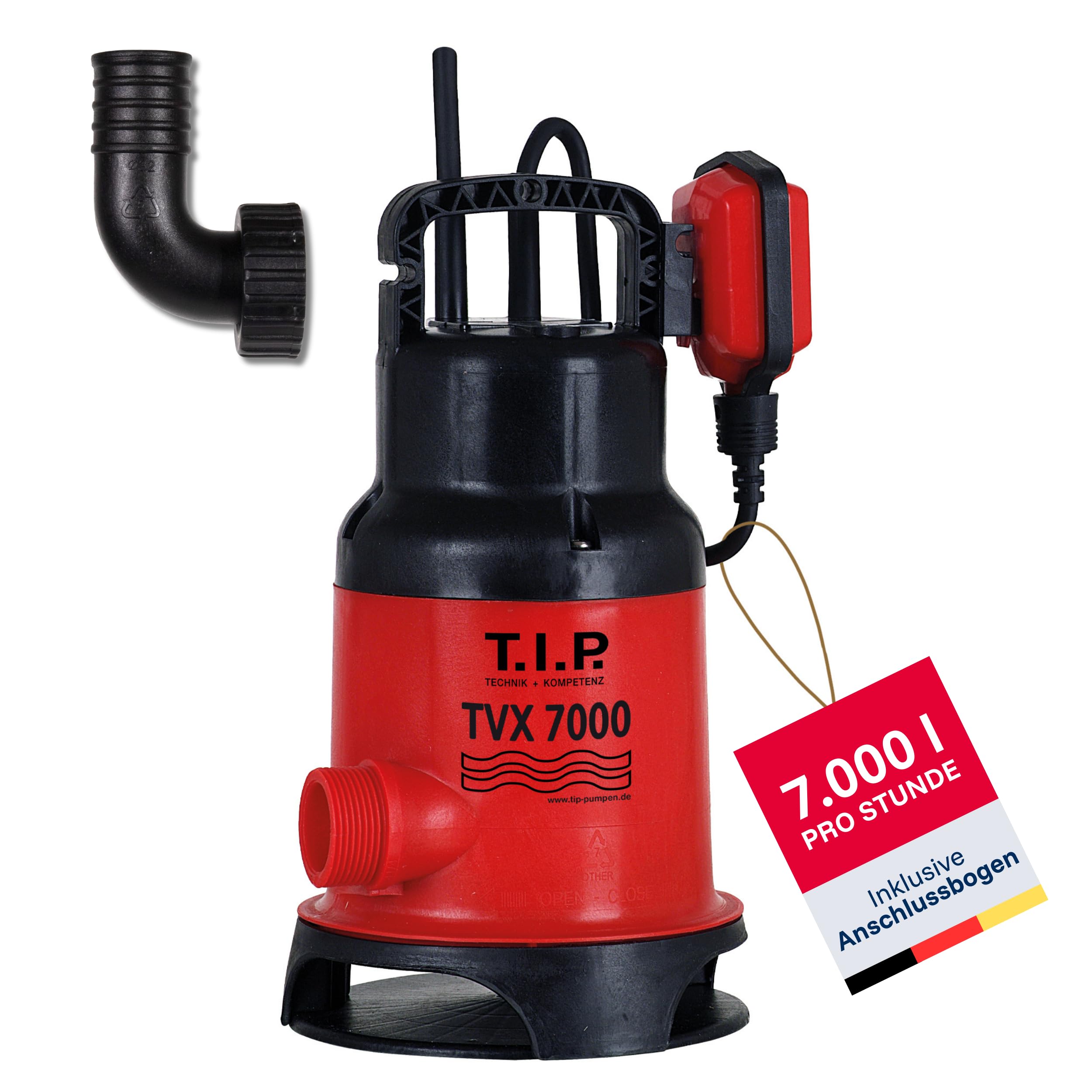 T.I.P. Schmutzwasser Tauchpumpe (7.000 l/h Fördermenge, 5 m Förderhöhe, 0,5 bar Druck, 300 W, 20 mm Korngröße, GFK Pumpengehäuse, VORTEX Laufrad, Inkl. Schlauchanschlußbogen) TVX 7000, 30268