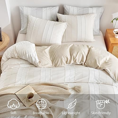 Miniatura 3 de WARMDERN Juego de funda de edredón de tejido a rayas caqui, tamaño Queen, juego de funda de edredón bohemio de punto blanco, juego de ropa de cama